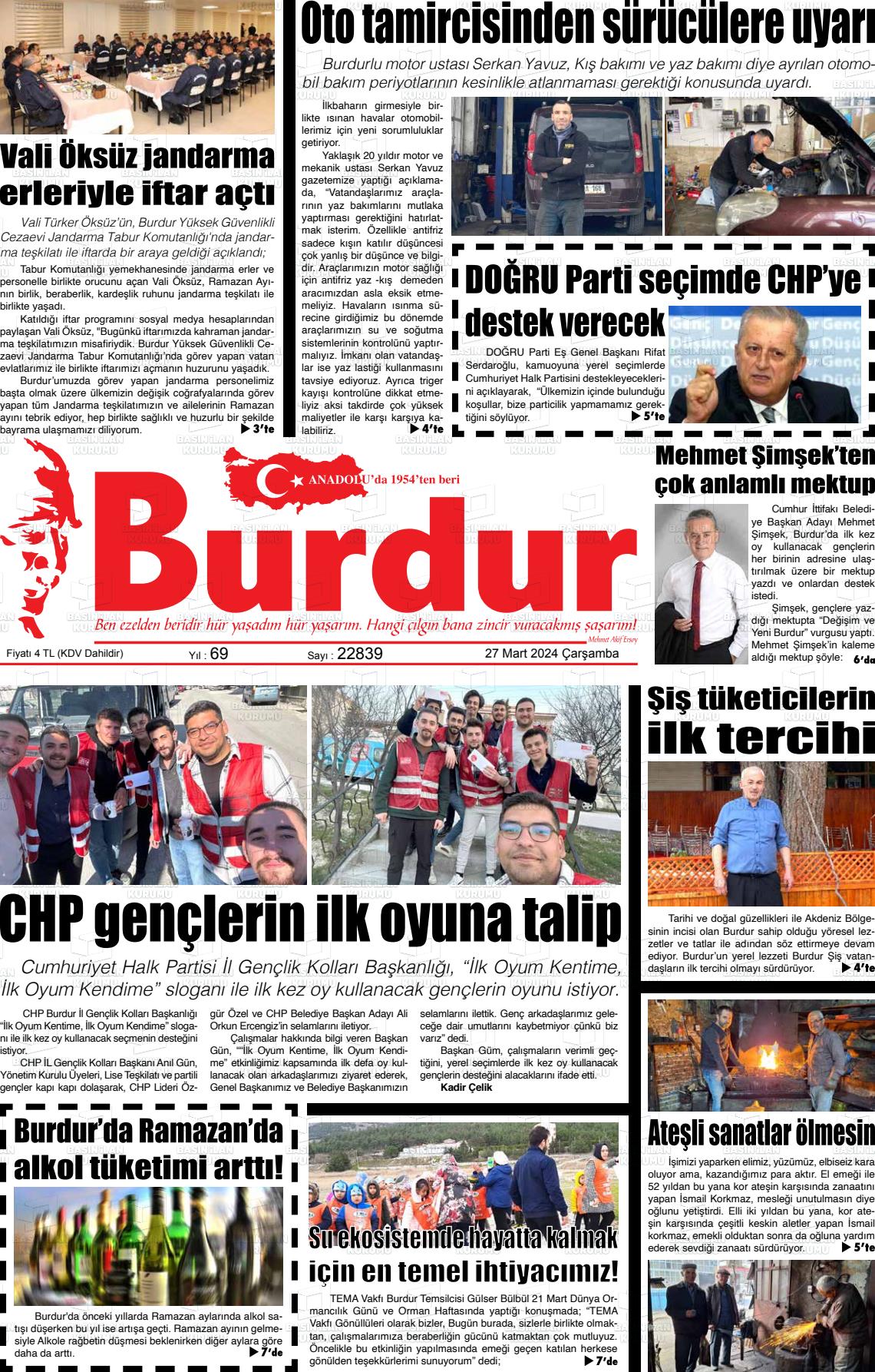 27 Mart 2024 Burdur Gazete Manşeti