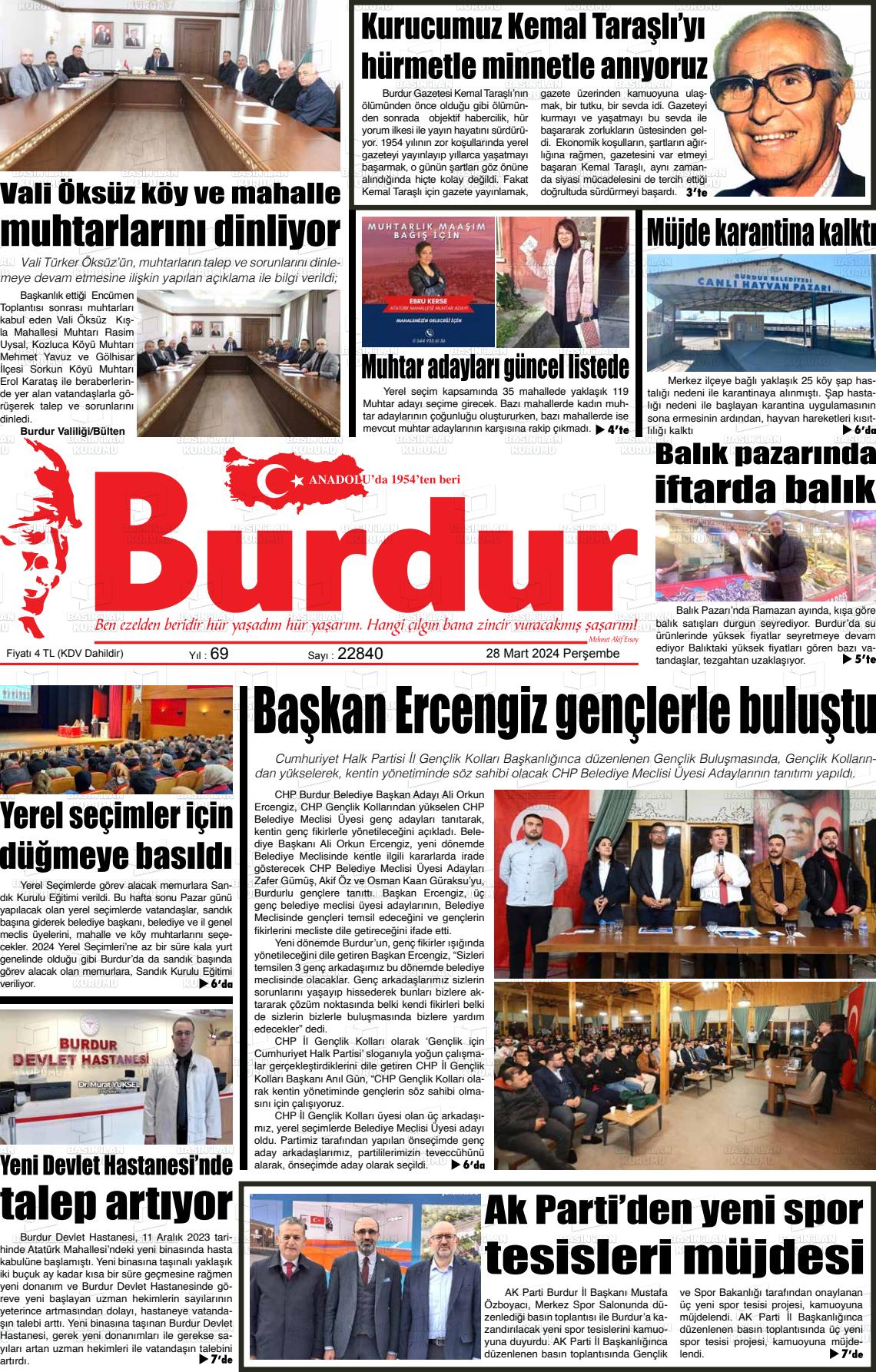 28 Mart 2024 Burdur Gazete Manşeti
