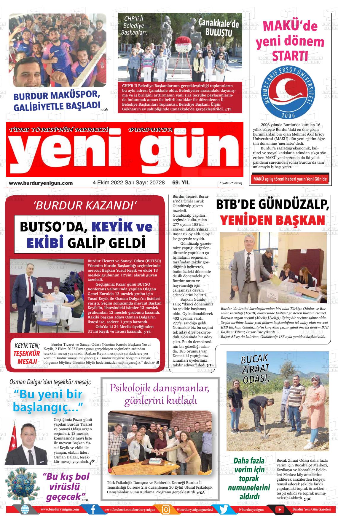 04 Ekim 2022 Burdur Yeni Gün Gazete Manşeti