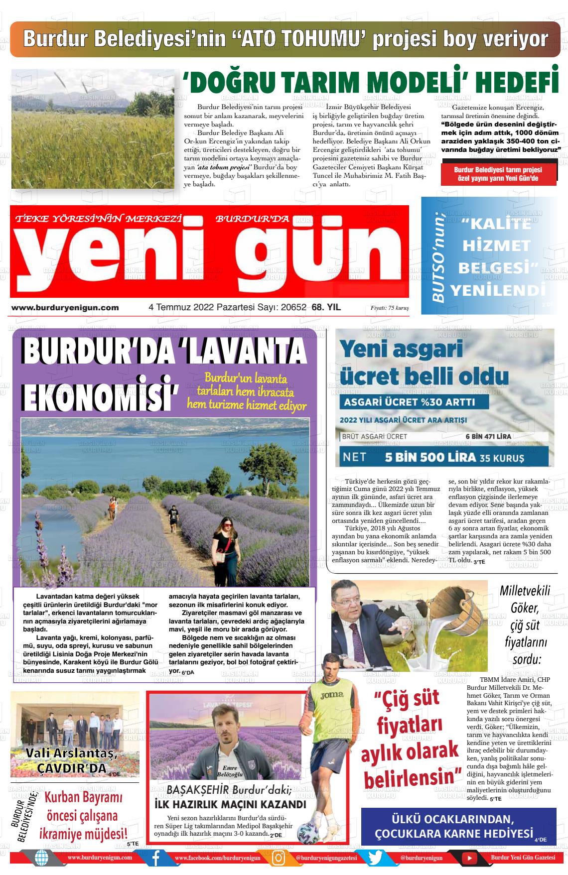 04 Temmuz 2022 Burdur Yeni Gün Gazete Manşeti