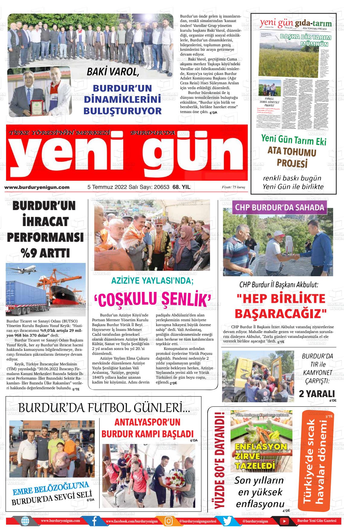 05 Temmuz 2022 Burdur Yeni Gün Gazete Manşeti