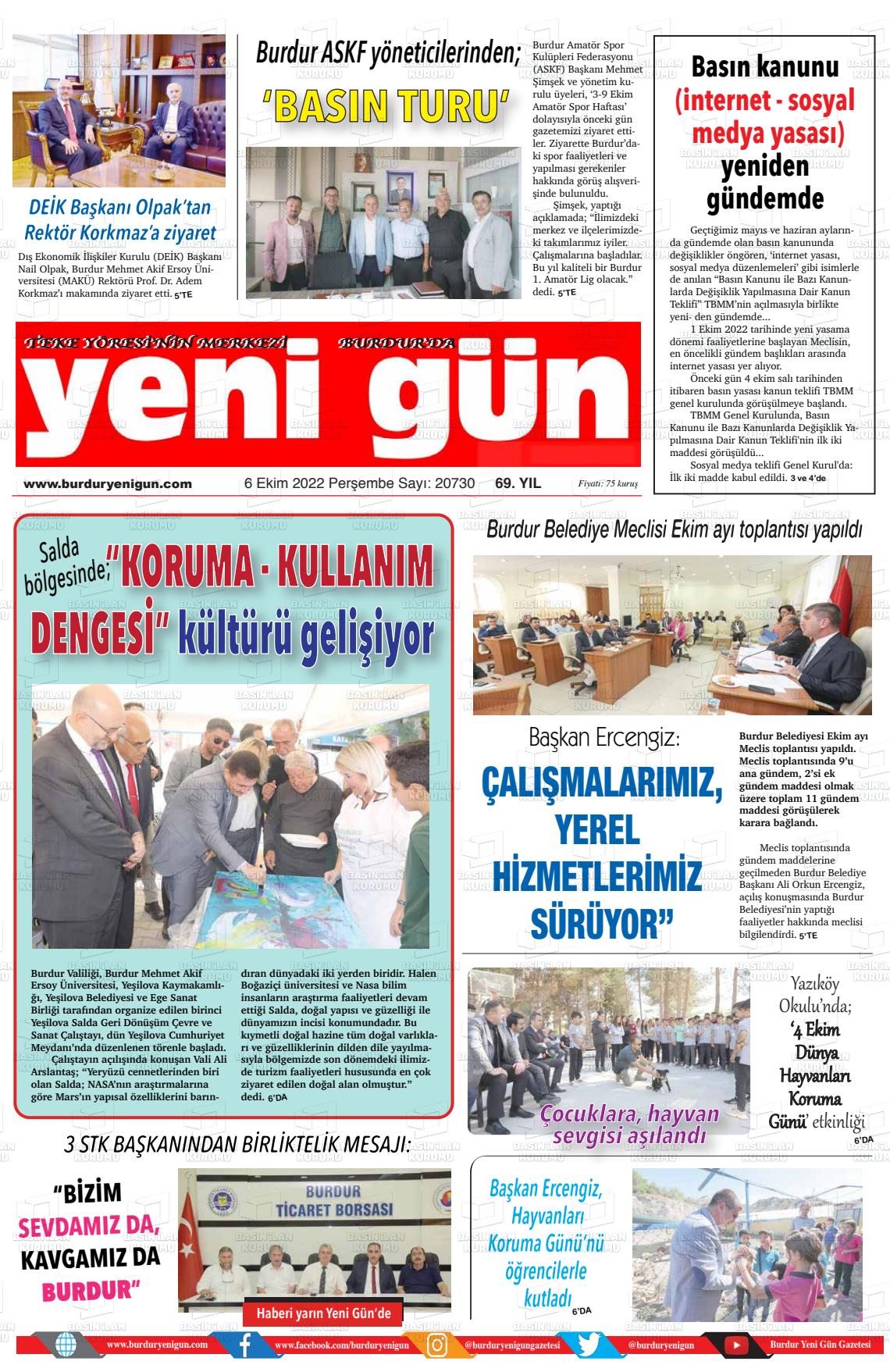 06 Ekim 2022 Burdur Yeni Gün Gazete Manşeti