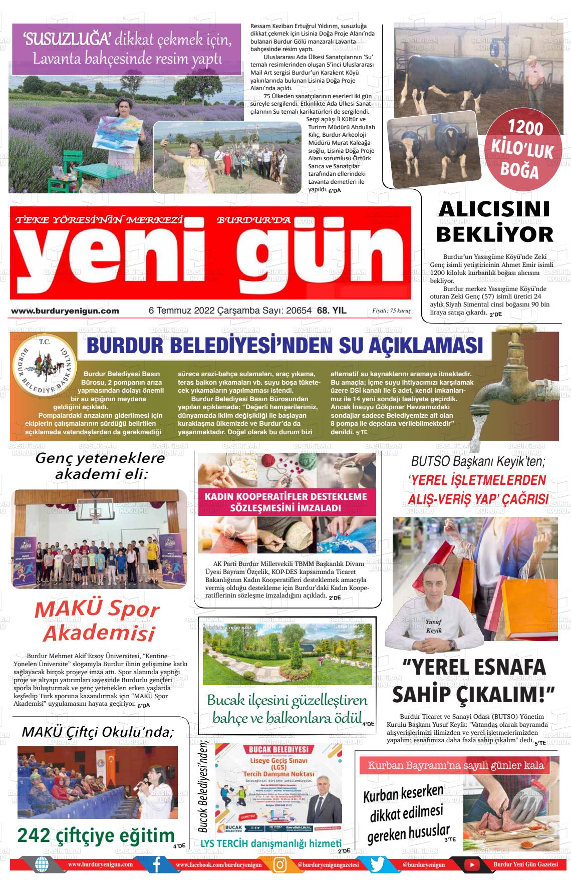 06 Temmuz 2022 Burdur Yeni Gün Gazete Manşeti