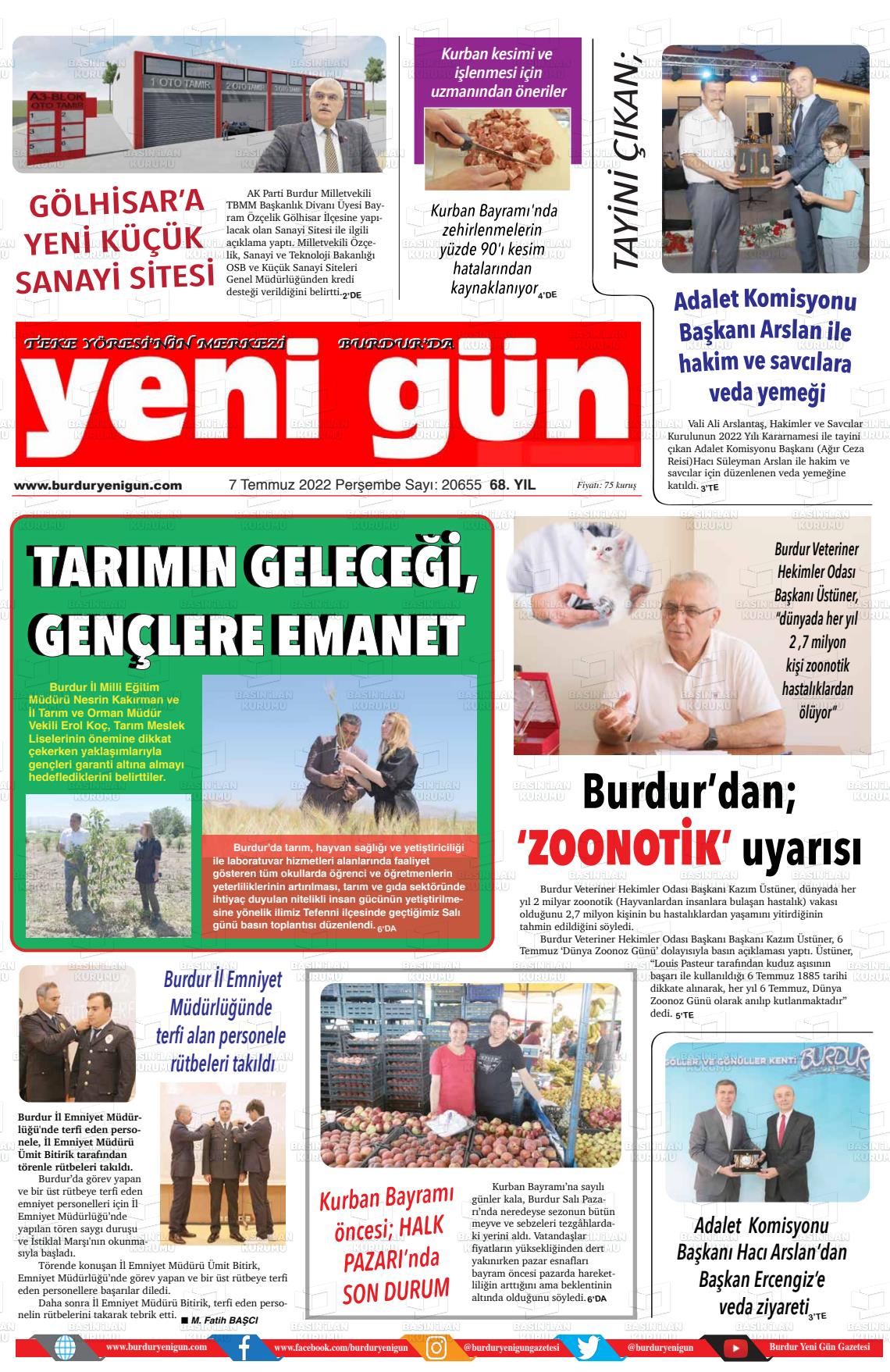07 Temmuz 2022 Burdur Yeni Gün Gazete Manşeti