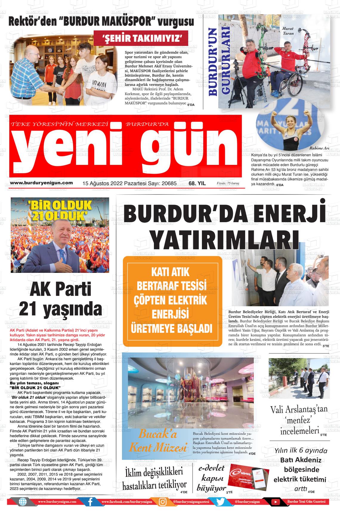 15 Ağustos 2022 Burdur Yeni Gün Gazete Manşeti