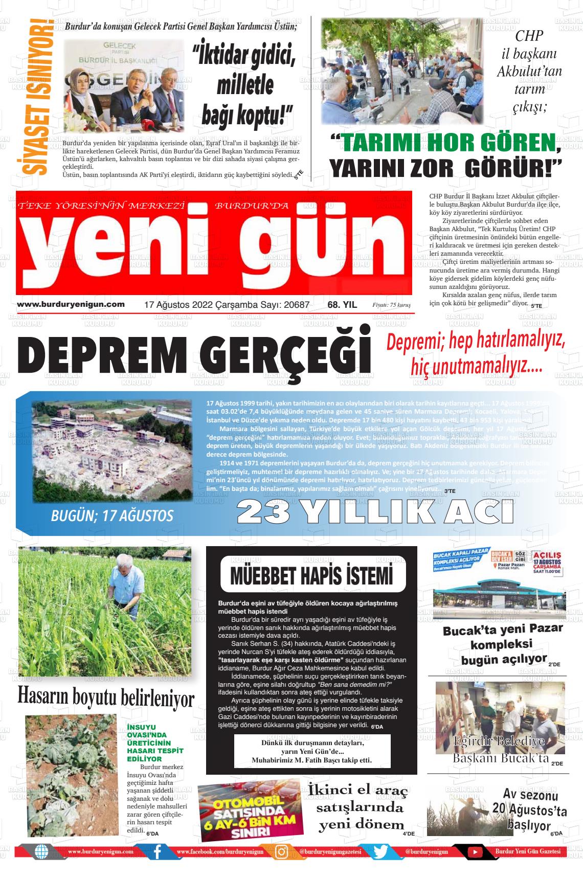 17 Ağustos 2022 Burdur Yeni Gün Gazete Manşeti