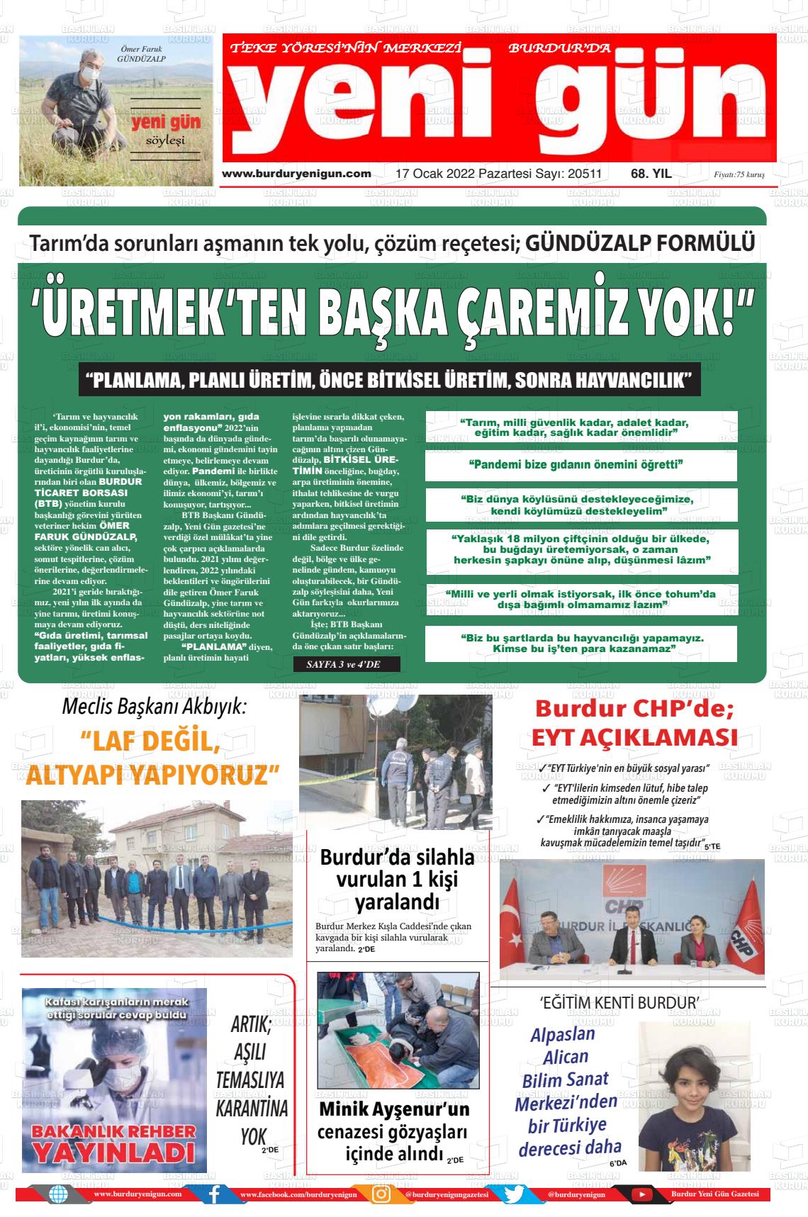 17 Ocak 2022 Burdur Yeni Gün Gazete Manşeti