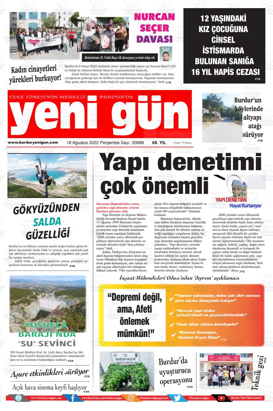 18 Ağustos 2022 Burdur Yeni Gün Gazete Manşeti