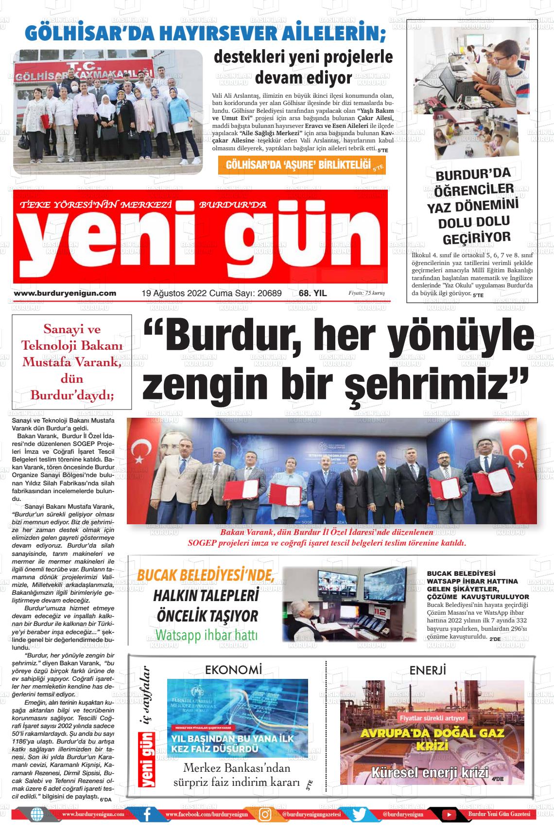 19 Ağustos 2022 Burdur Yeni Gün Gazete Manşeti