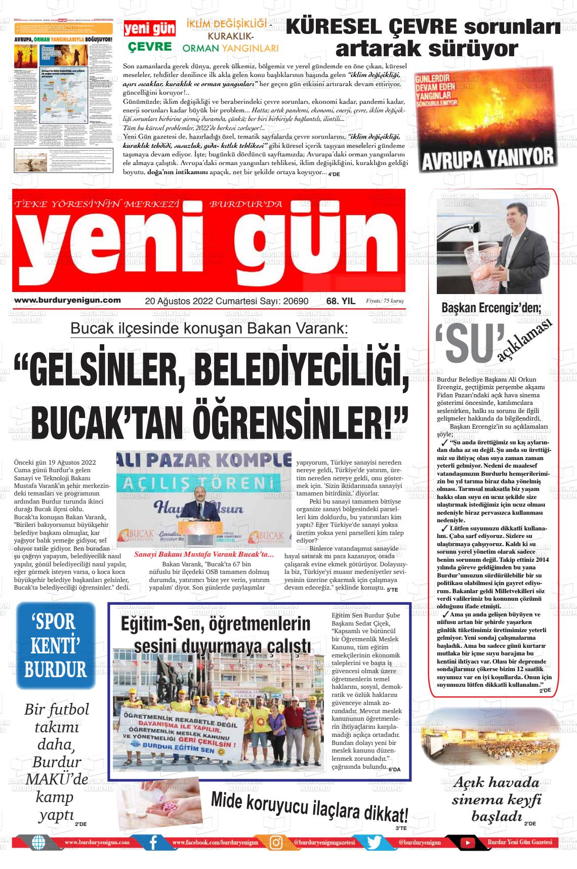 20 Ağustos 2022 Burdur Yeni Gün Gazete Manşeti