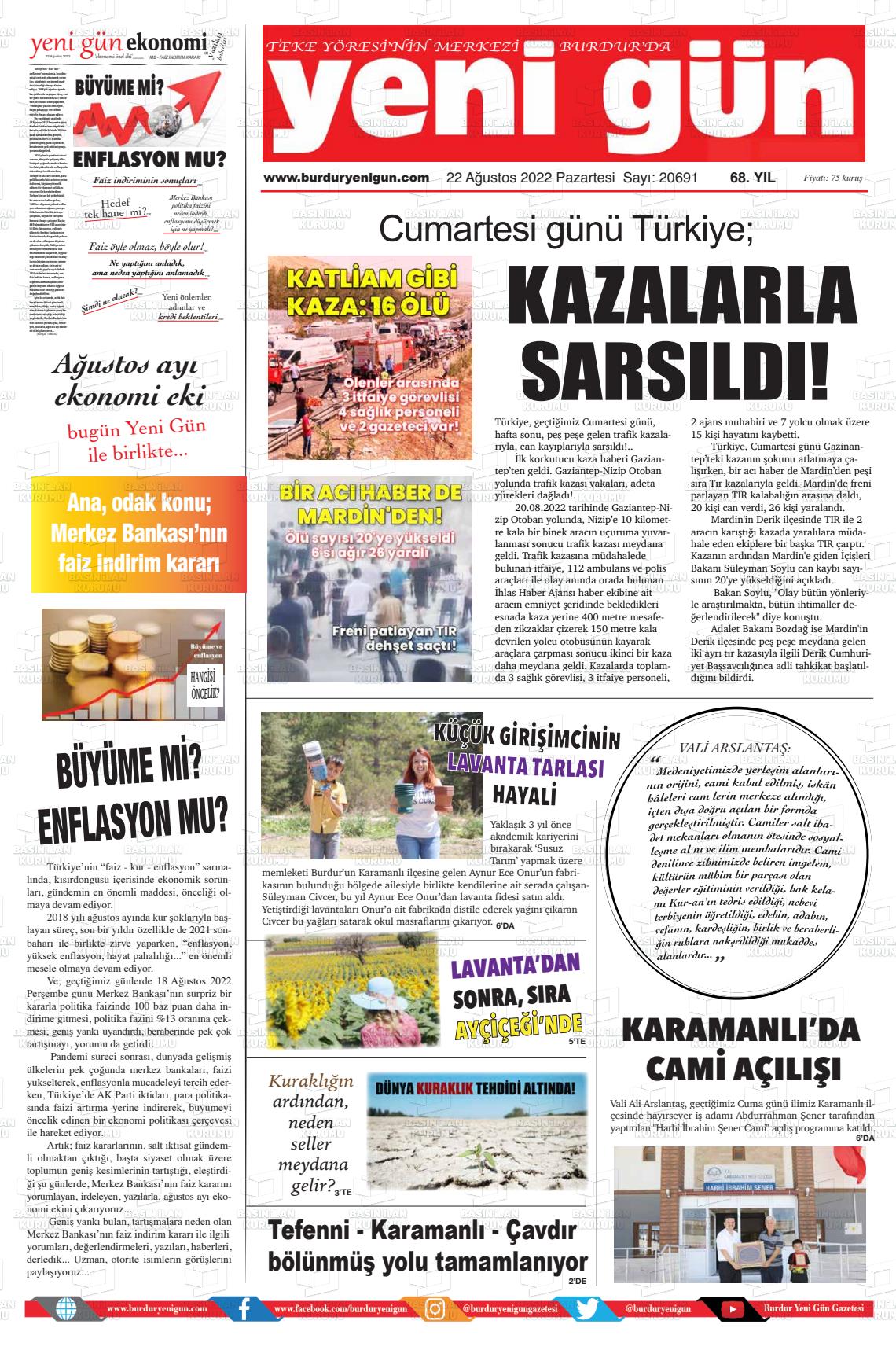 22 Ağustos 2022 Burdur Yeni Gün Gazete Manşeti