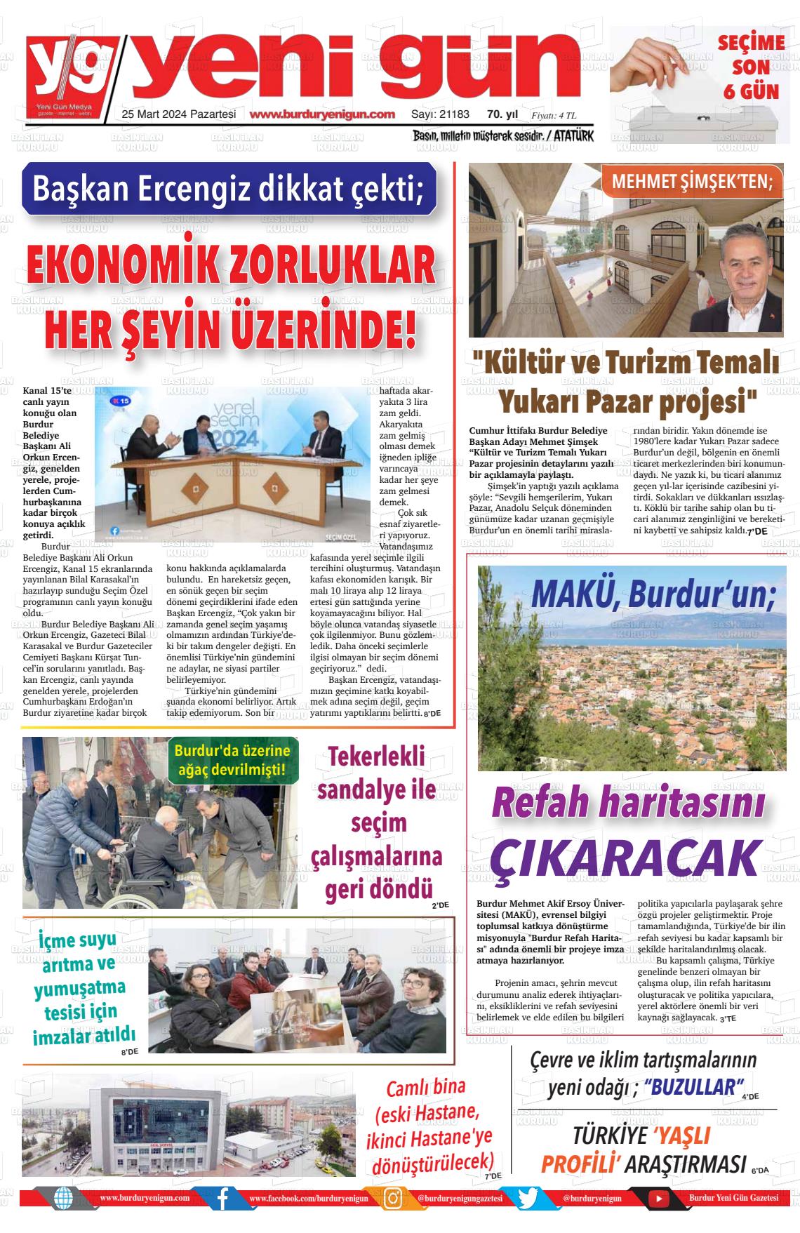 25 Mart 2024 Burdur Yeni Gün Gazete Manşeti