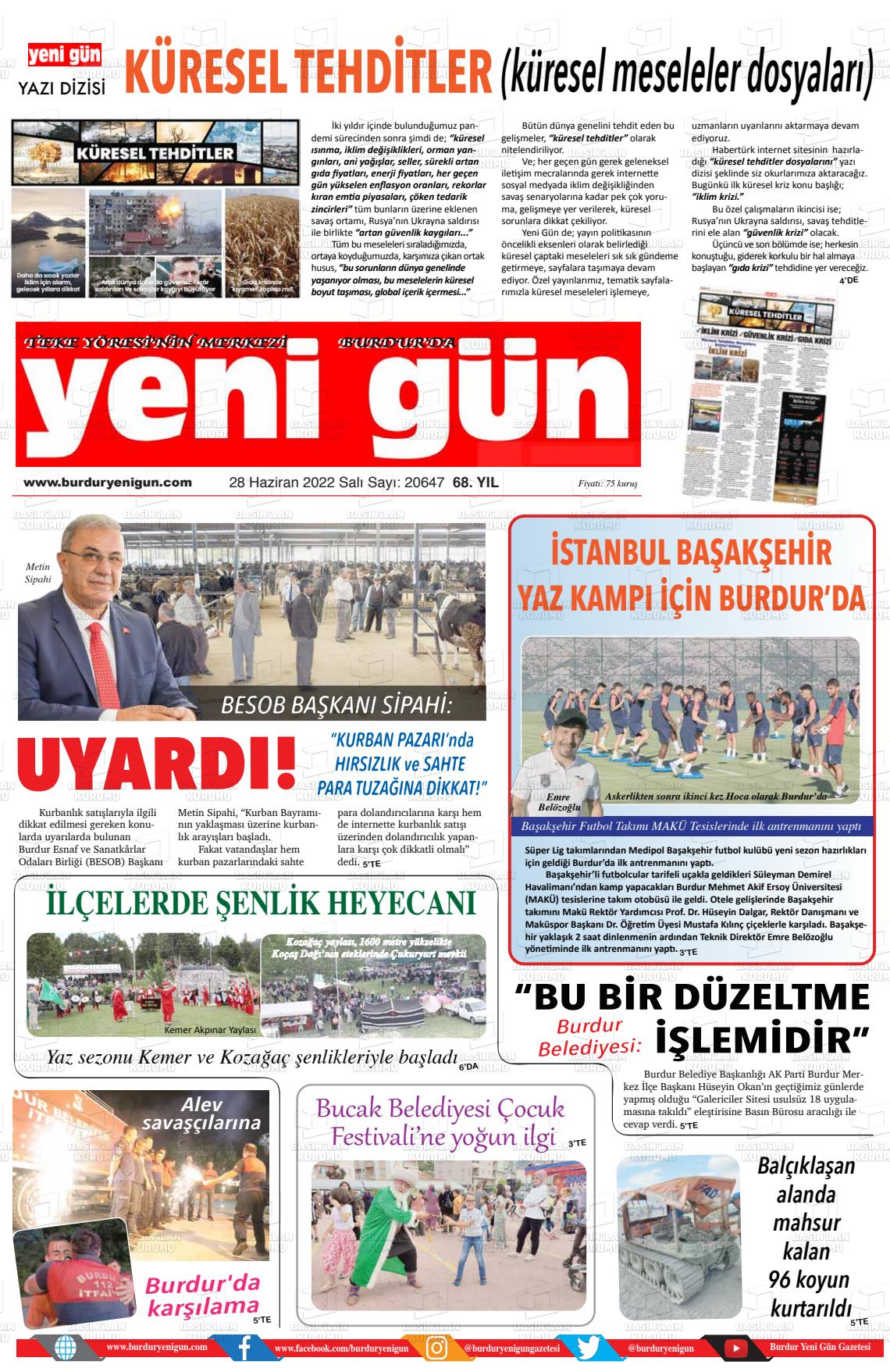 28 Haziran 2022 Burdur Yeni Gün Gazete Manşeti