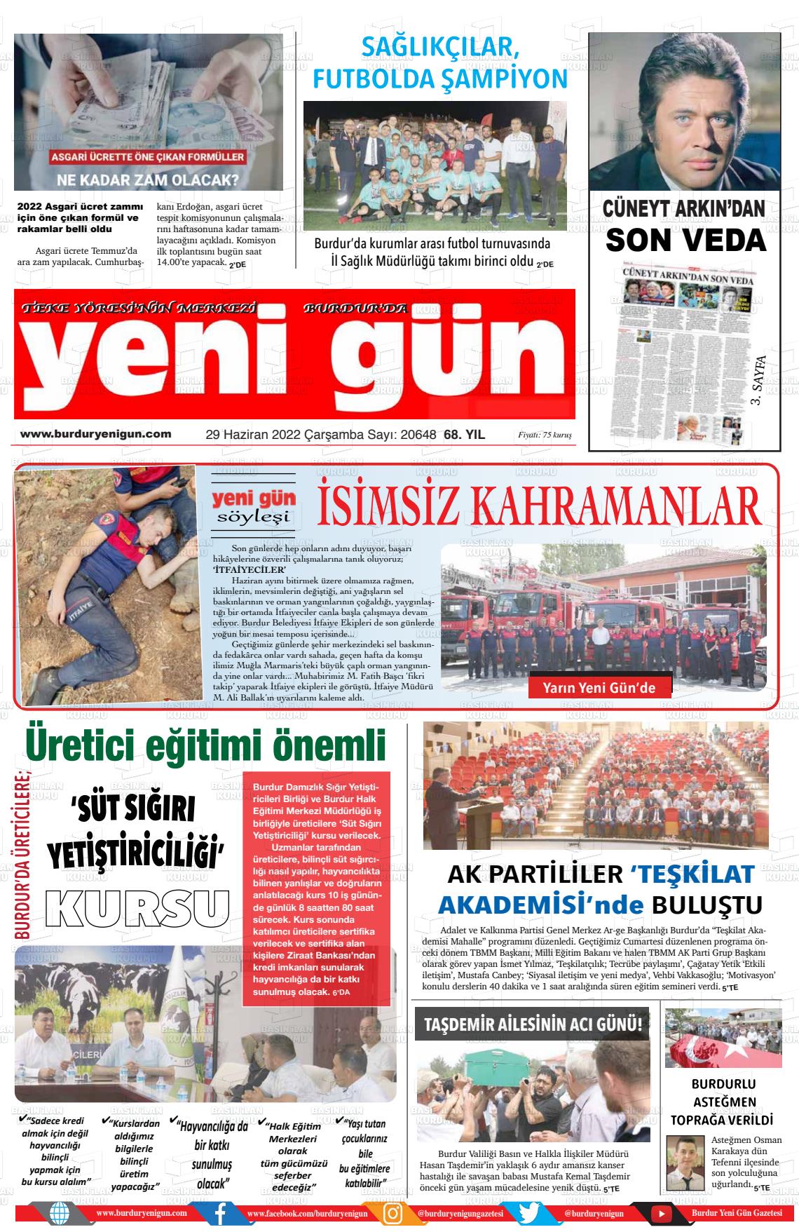 29 Haziran 2022 Burdur Yeni Gün Gazete Manşeti