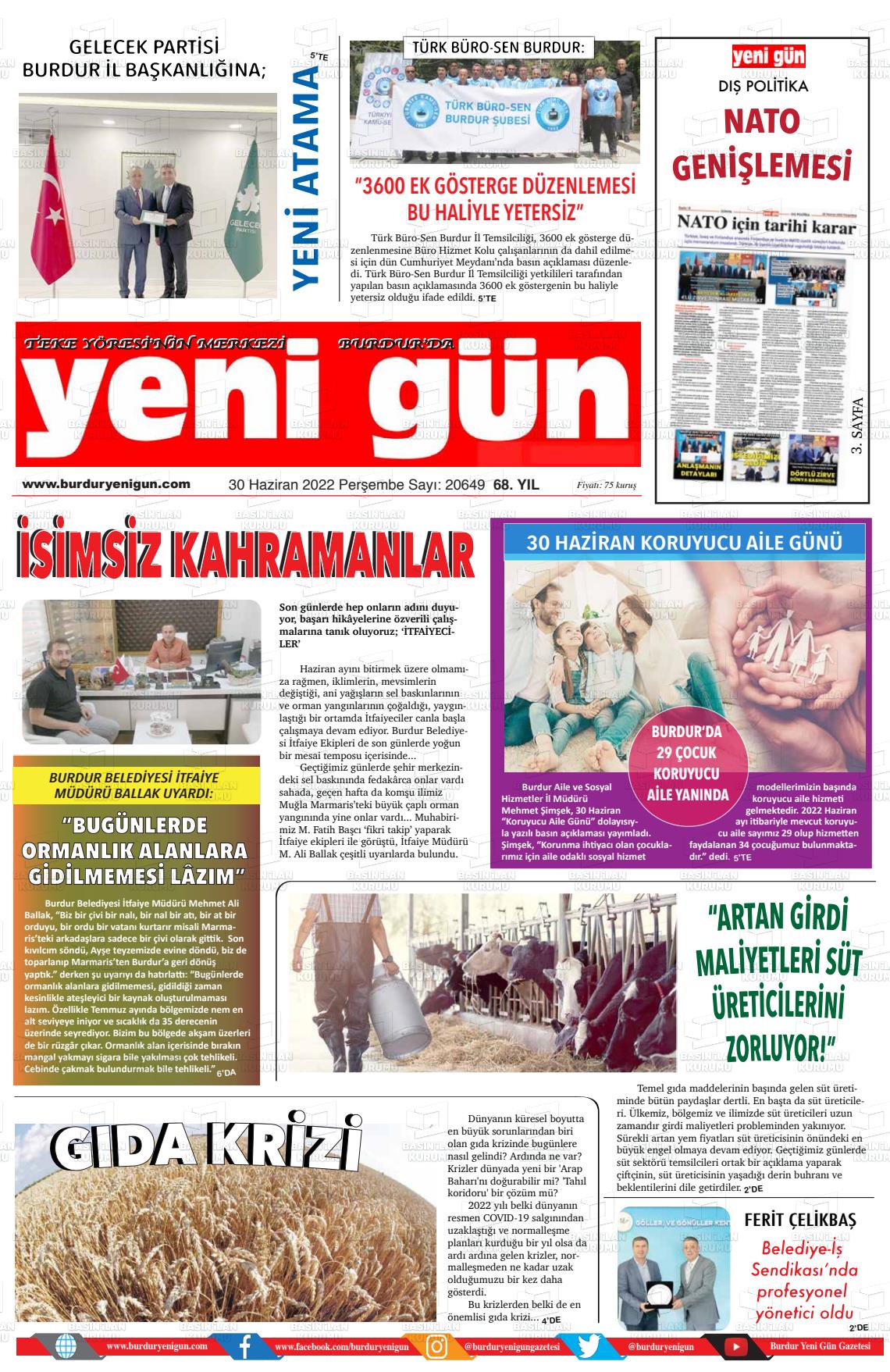 01 Temmuz 2022 Burdur Yeni Gün Gazete Manşeti