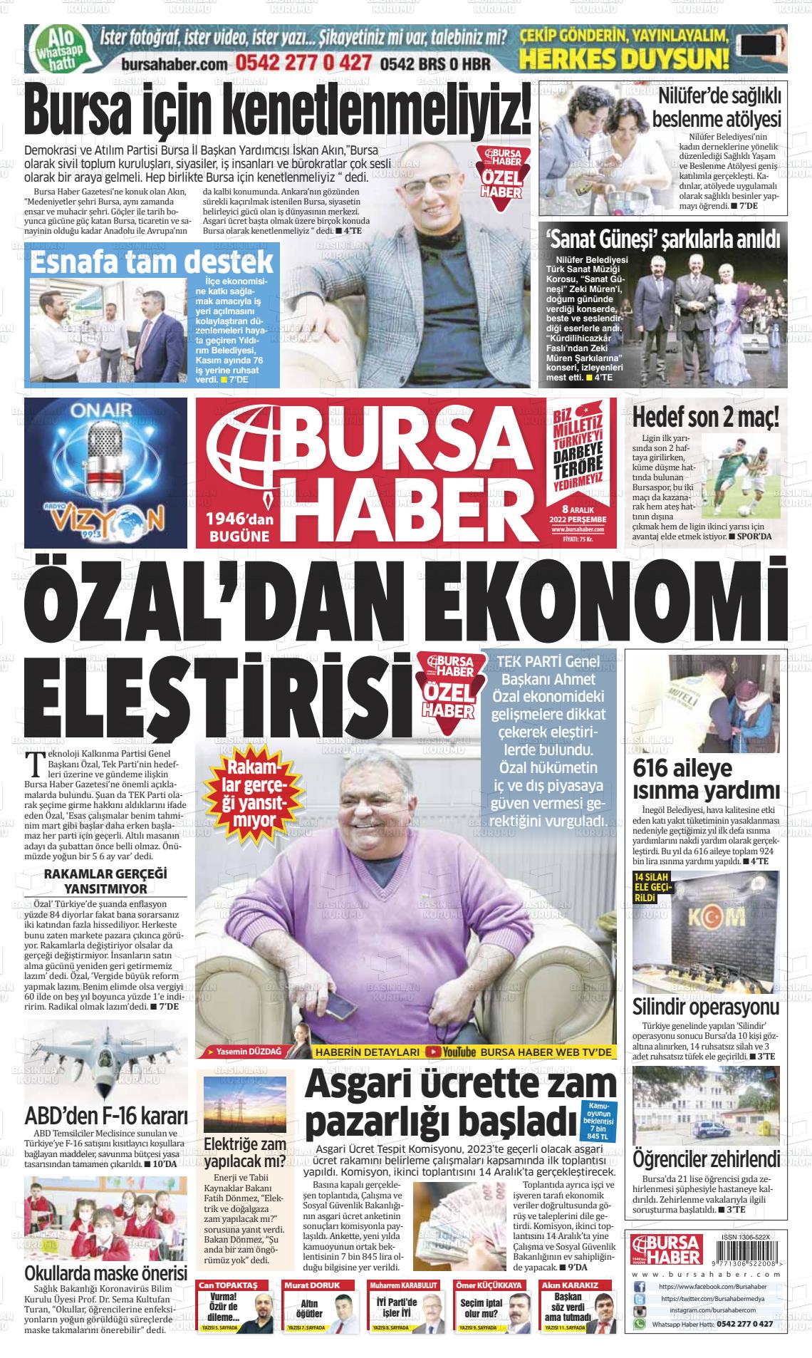 08 Aralık 2022 Bursa Haber Gazete Manşeti