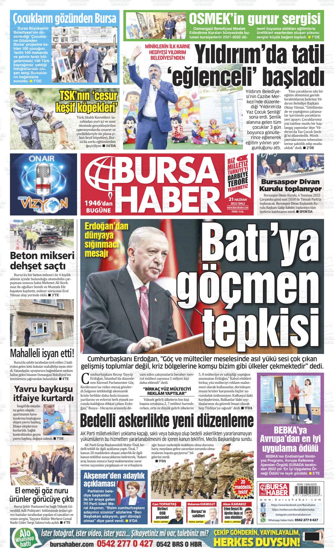 21 Haziran 2022 Bursa Haber Gazete Manşeti