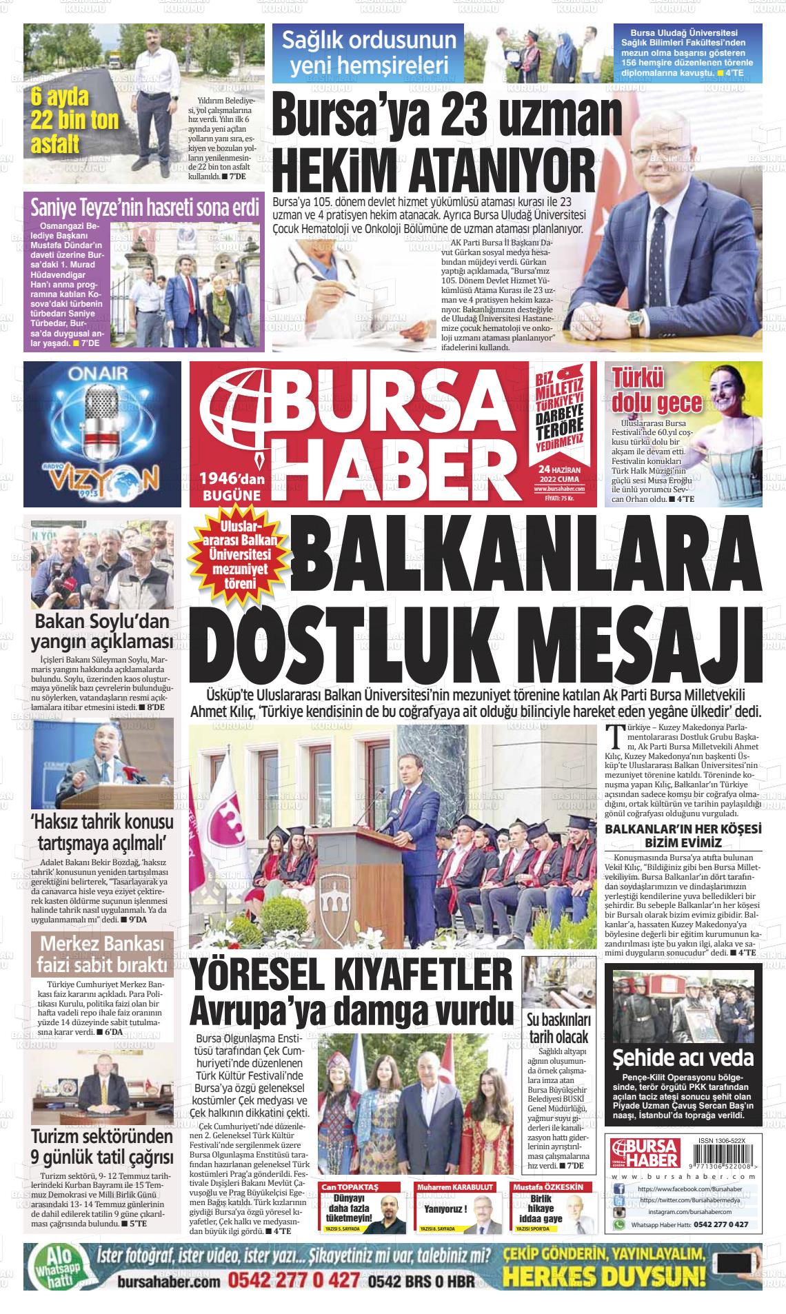 24 Haziran 2022 Bursa Haber Gazete Manşeti