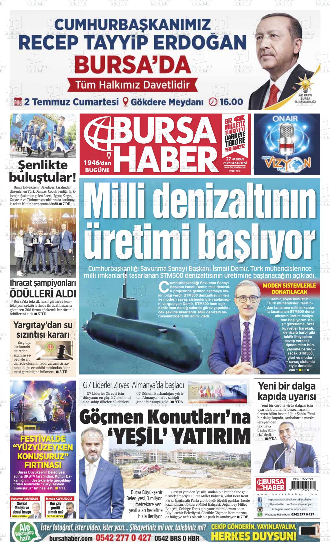 27 Haziran 2022 Bursa Haber Gazete Manşeti