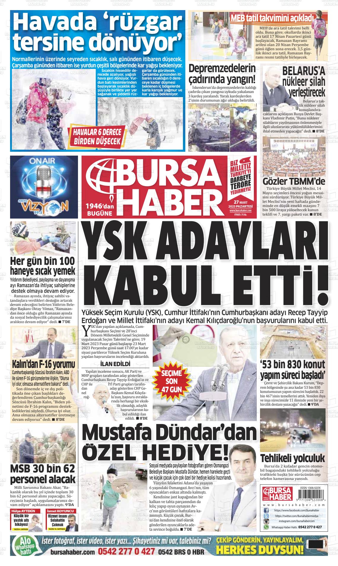 27 Mart 2023 Bursa Haber Gazete Manşeti