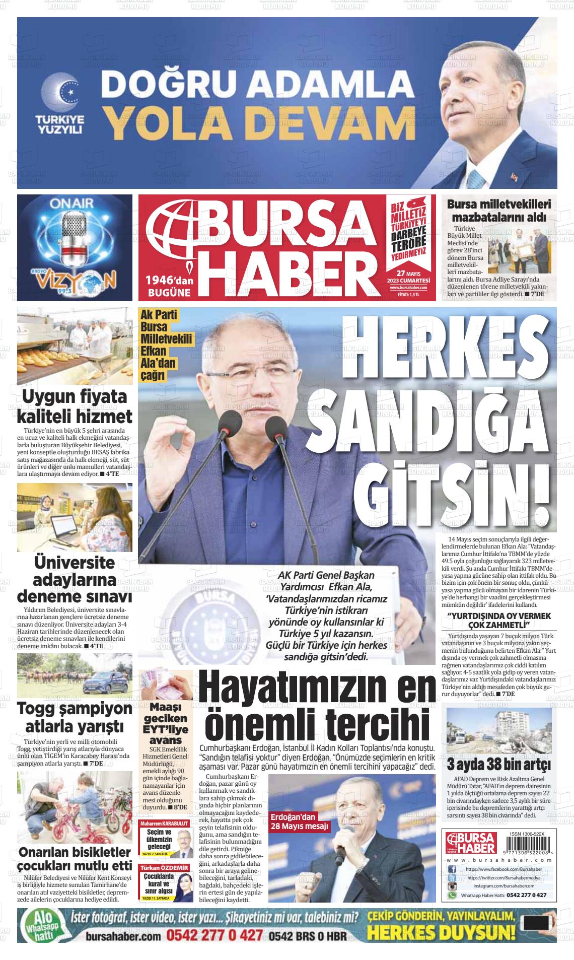 27 Mayıs 2023 Bursa Haber Gazete Manşeti