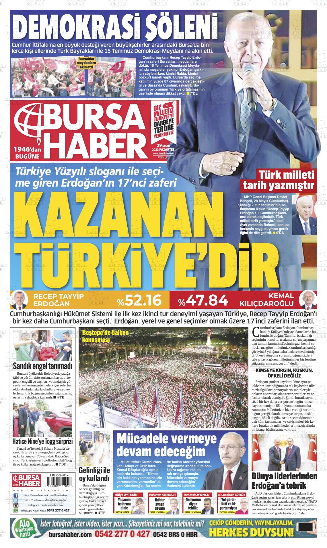 29 Mayıs 2023 Bursa Haber Gazete Manşeti