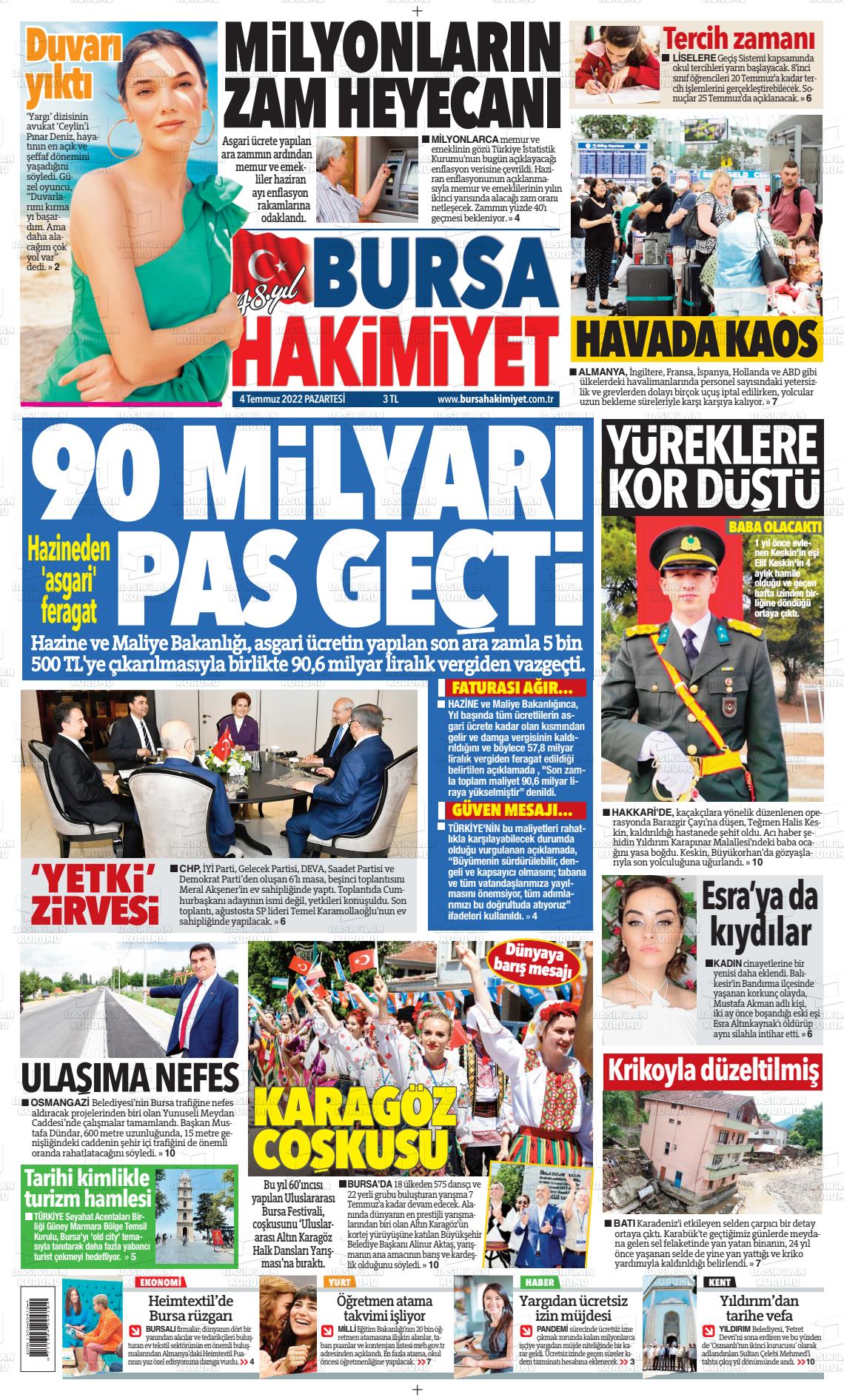 04 Temmuz 2022 Bursa Hakimiyet Gazete Manşeti