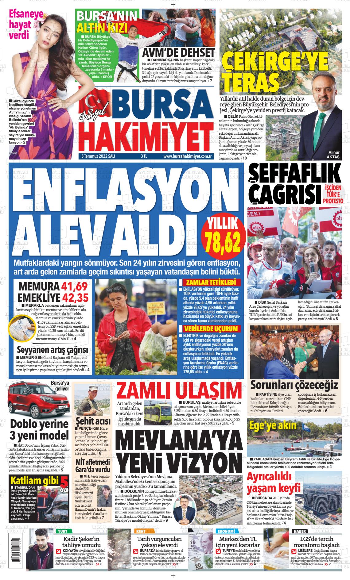 05 Temmuz 2022 Bursa Hakimiyet Gazete Manşeti