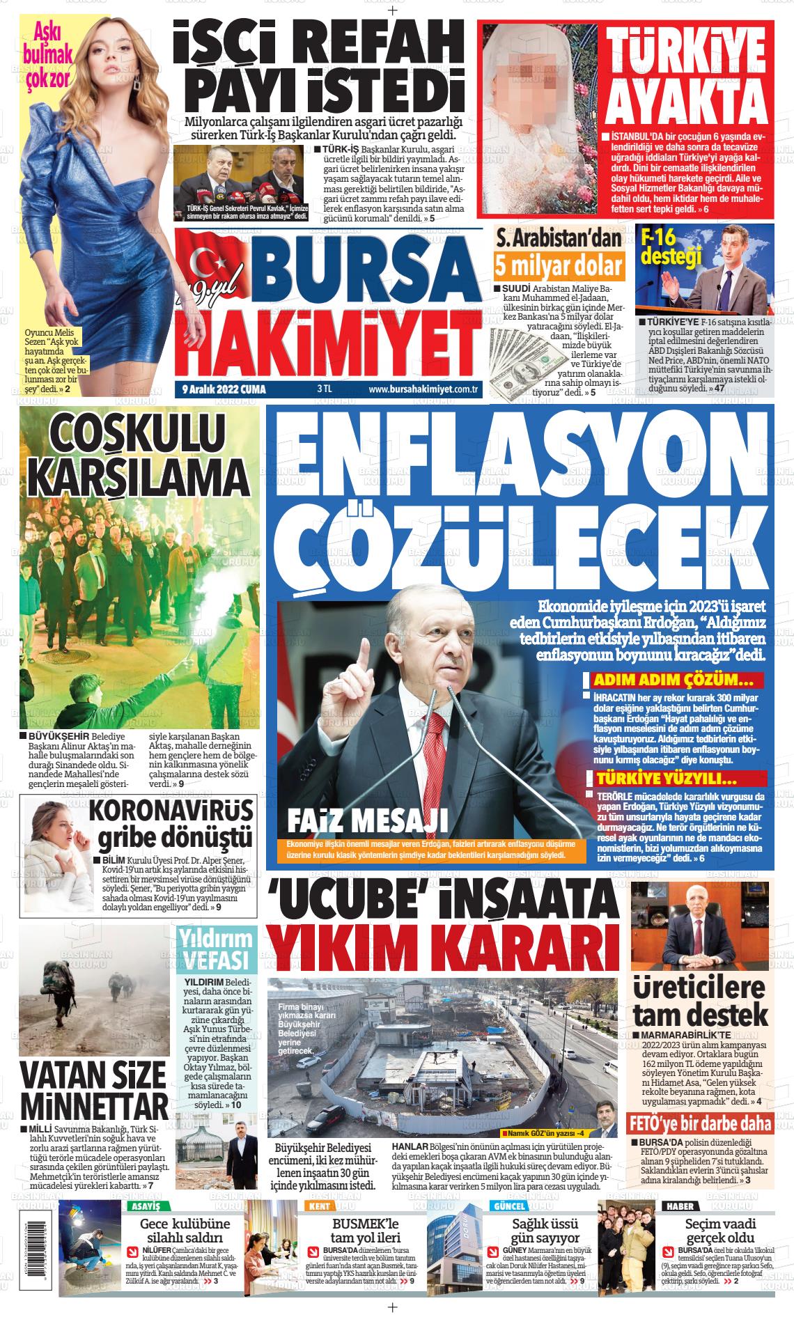 09 Aralık 2022 Bursa Hakimiyet Gazete Manşeti