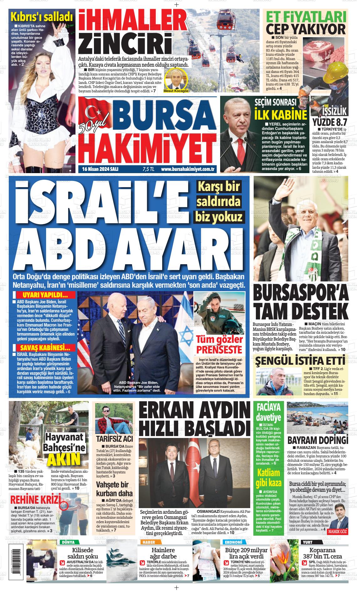 16 Nisan 2024 Bursa Hakimiyet Gazete Manşeti