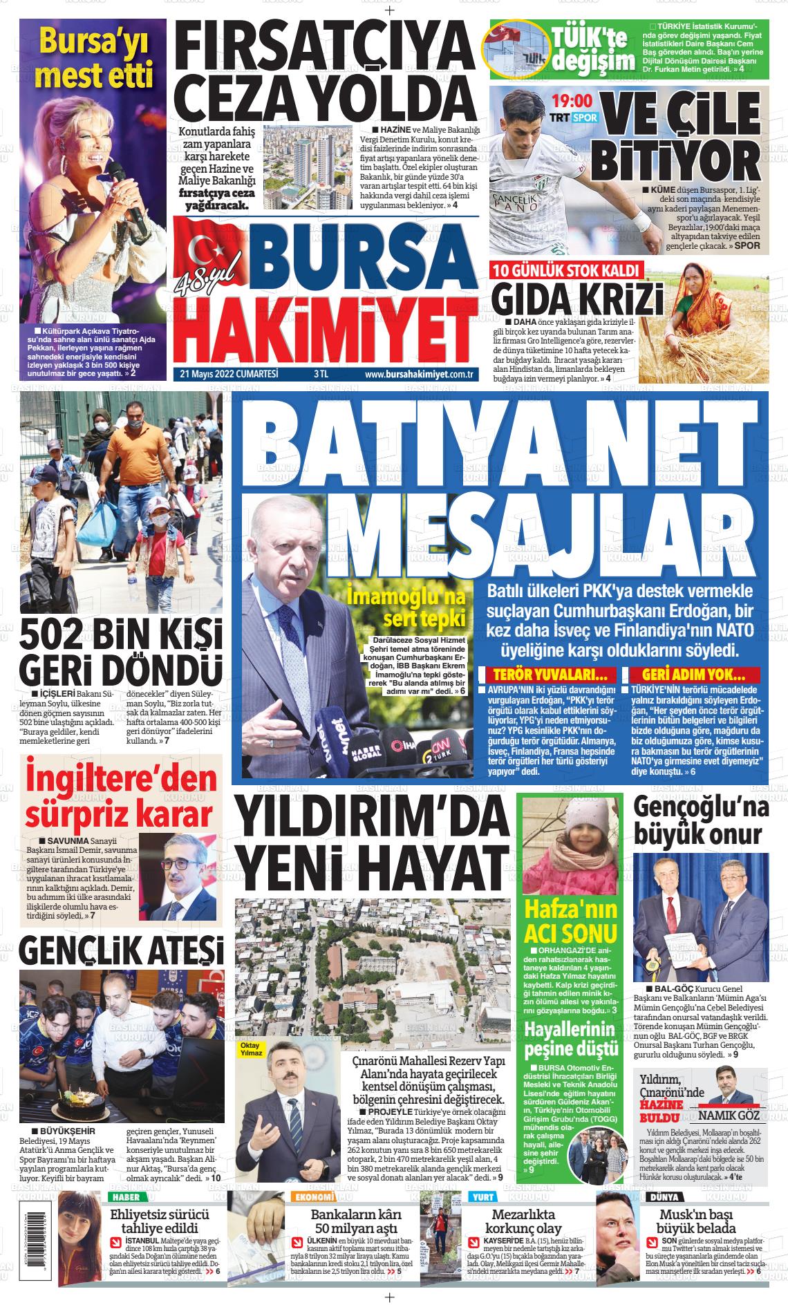 21 Mayıs 2022 Bursa Hakimiyet Gazete Manşeti