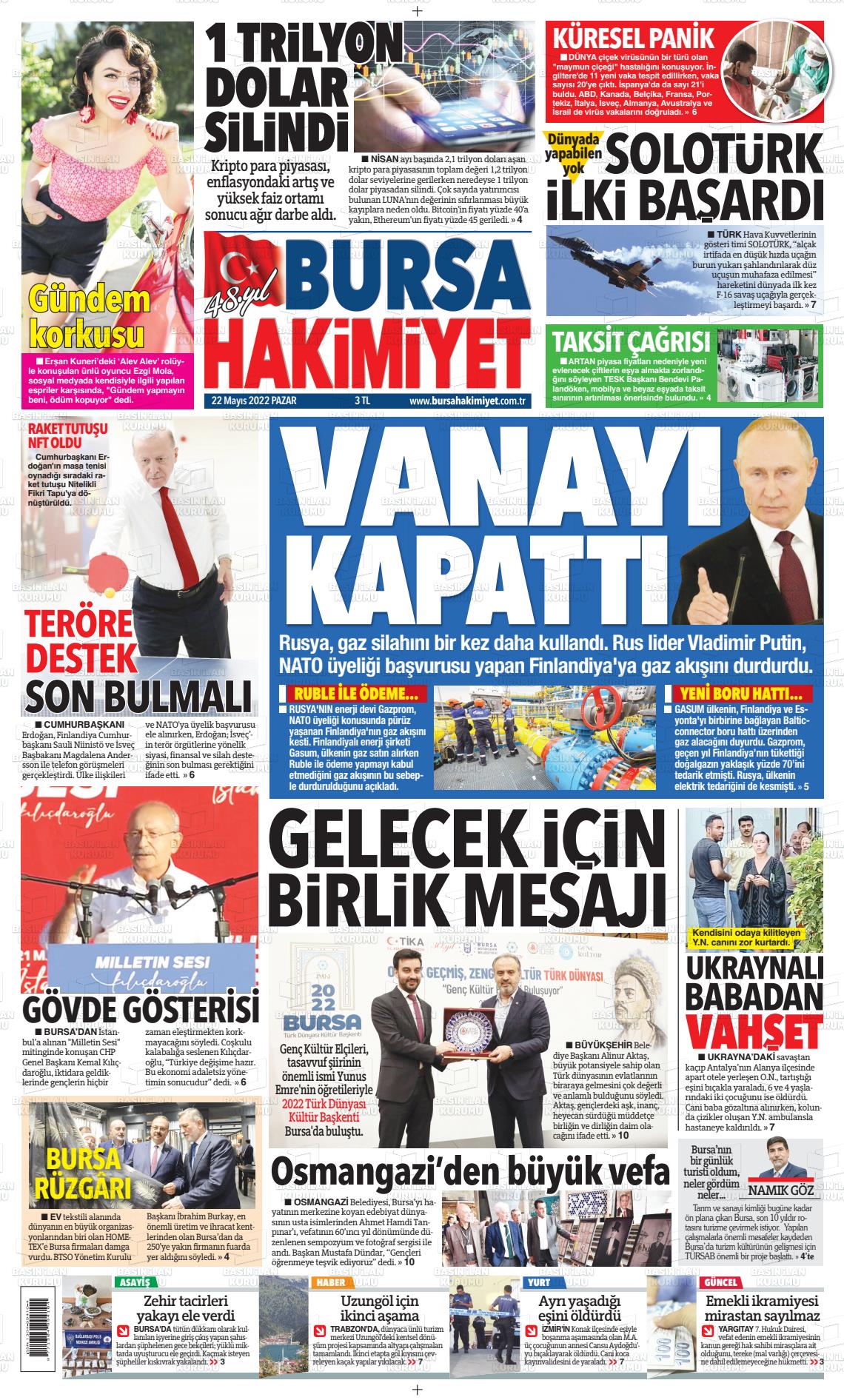 22 Mayıs 2022 Bursa Hakimiyet Gazete Manşeti