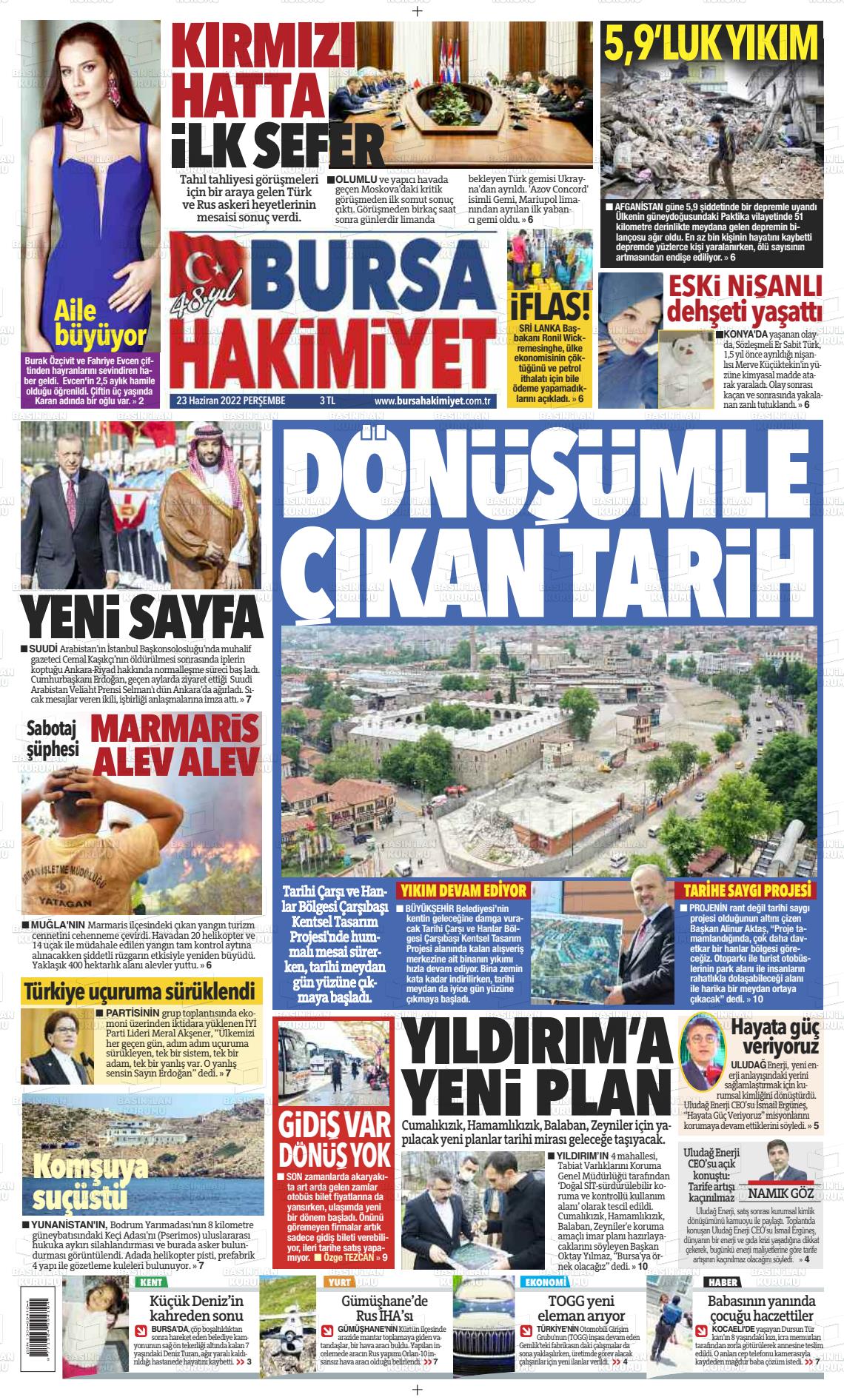 23 Haziran 2022 Bursa Hakimiyet Gazete Manşeti
