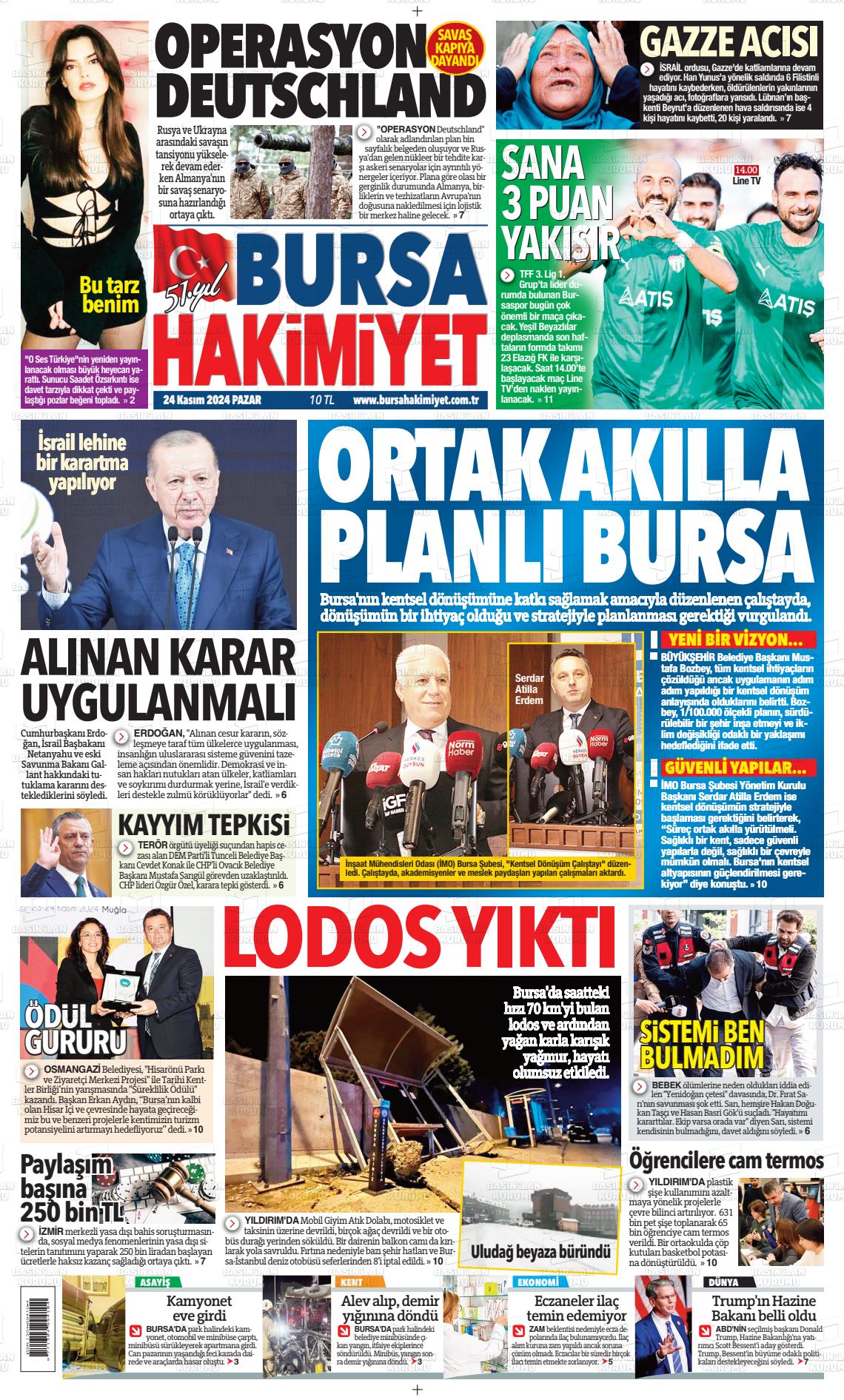 24 Kasım 2024 Bursa Hakimiyet Gazete Manşeti