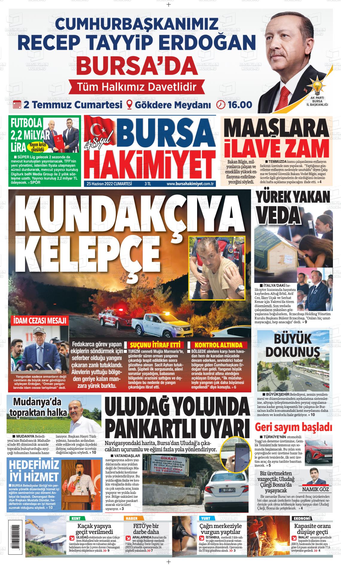 25 Haziran 2022 Bursa Hakimiyet Gazete Manşeti