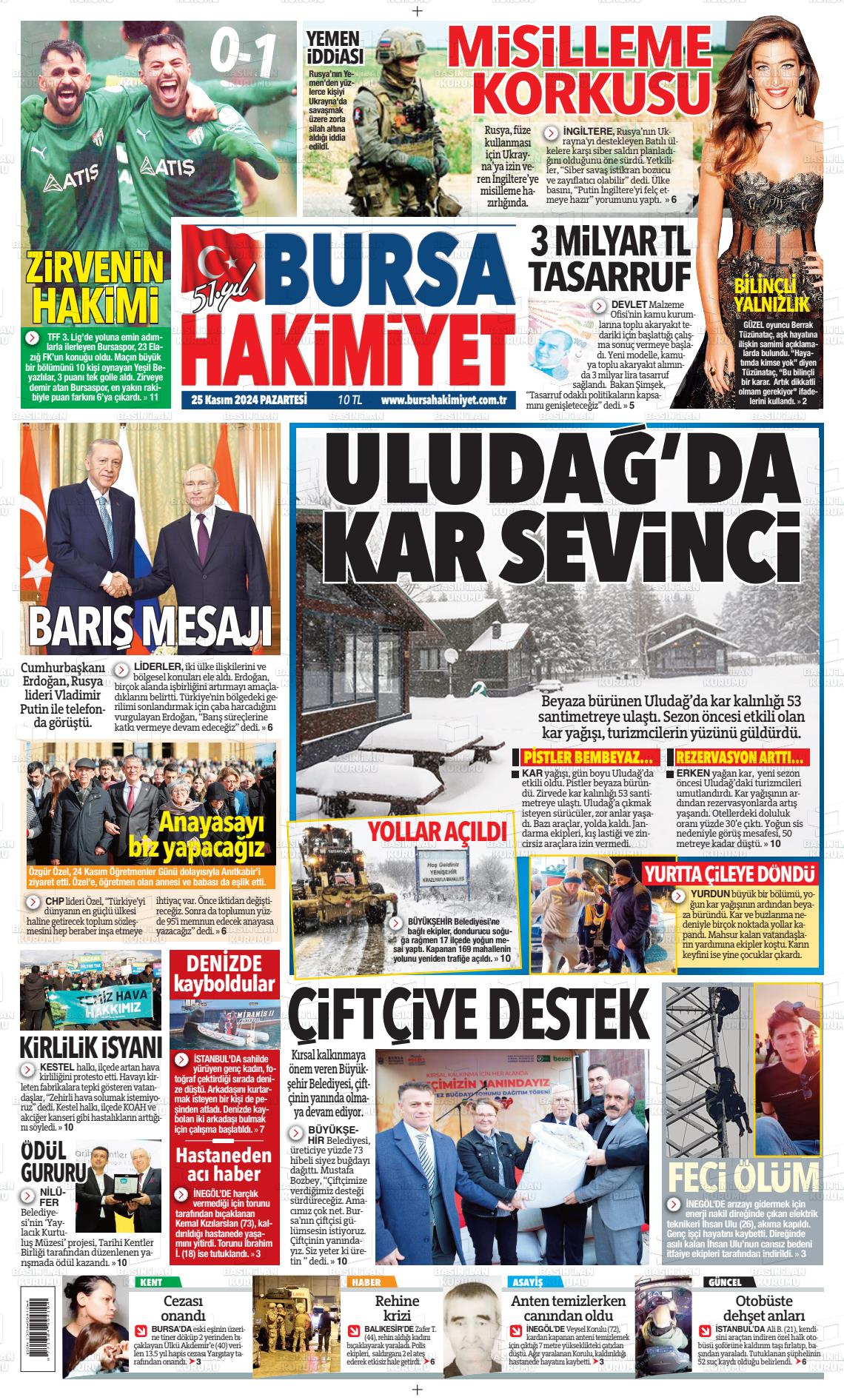 25 Kasım 2024 Bursa Hakimiyet Gazete Manşeti
