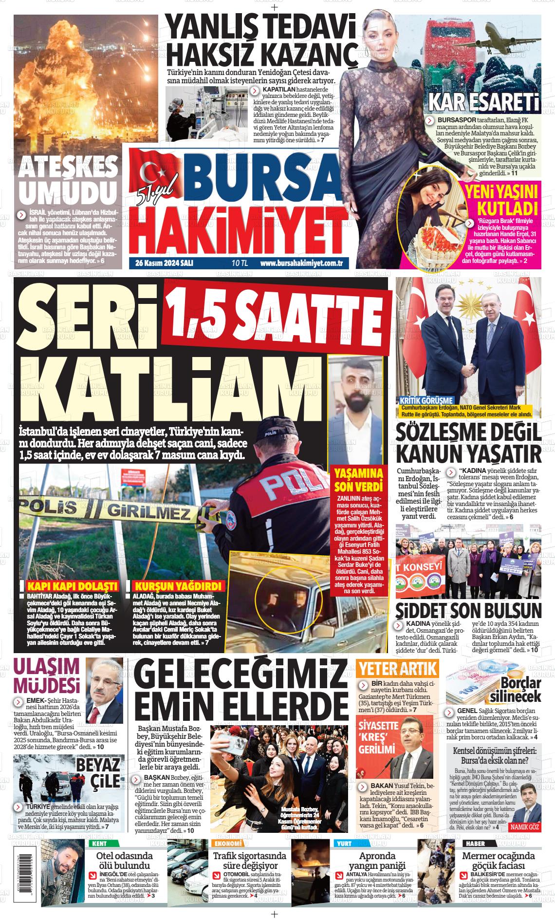 26 Kasım 2024 Bursa Hakimiyet Gazete Manşeti
