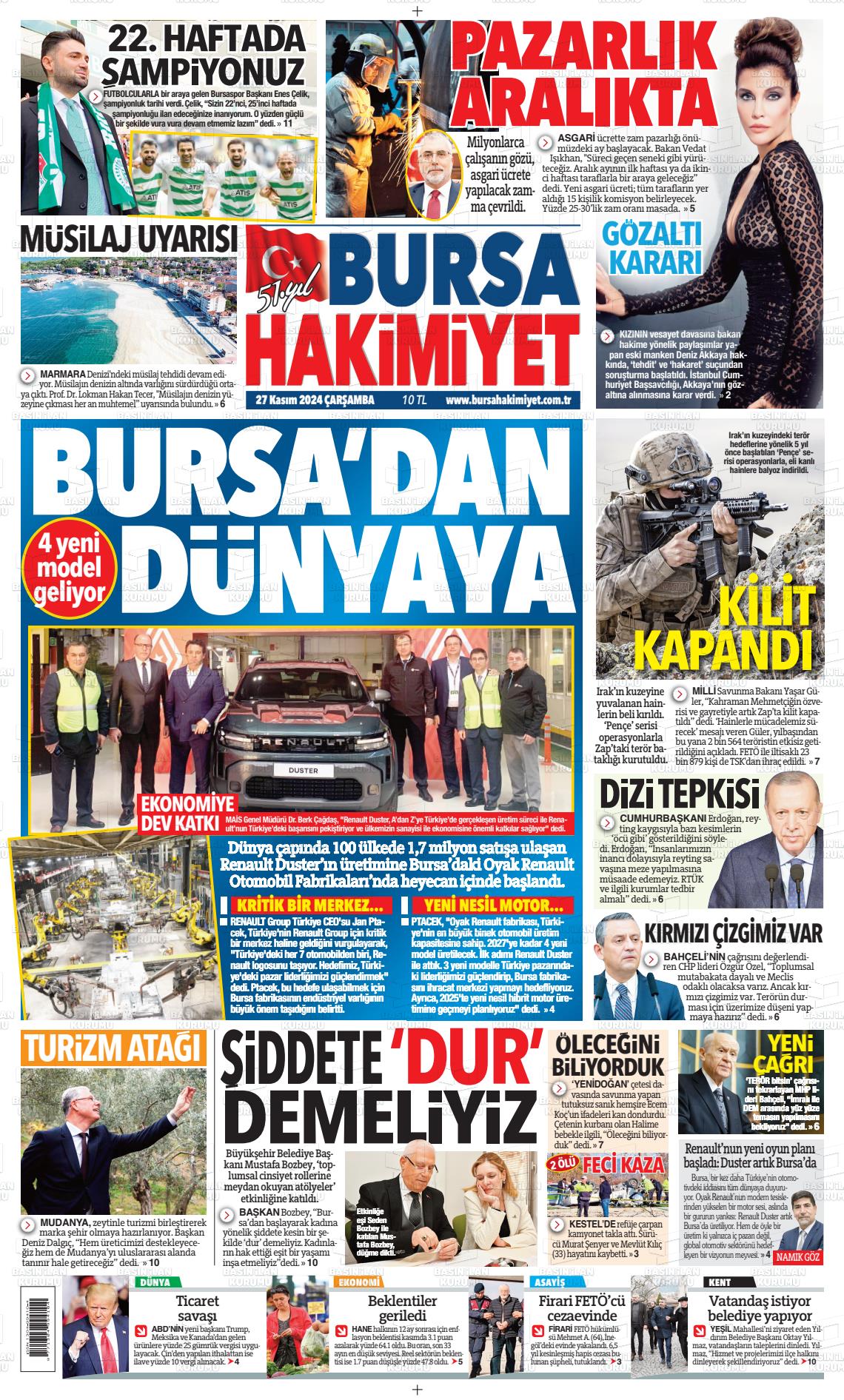 27 Kasım 2024 Bursa Hakimiyet Gazete Manşeti