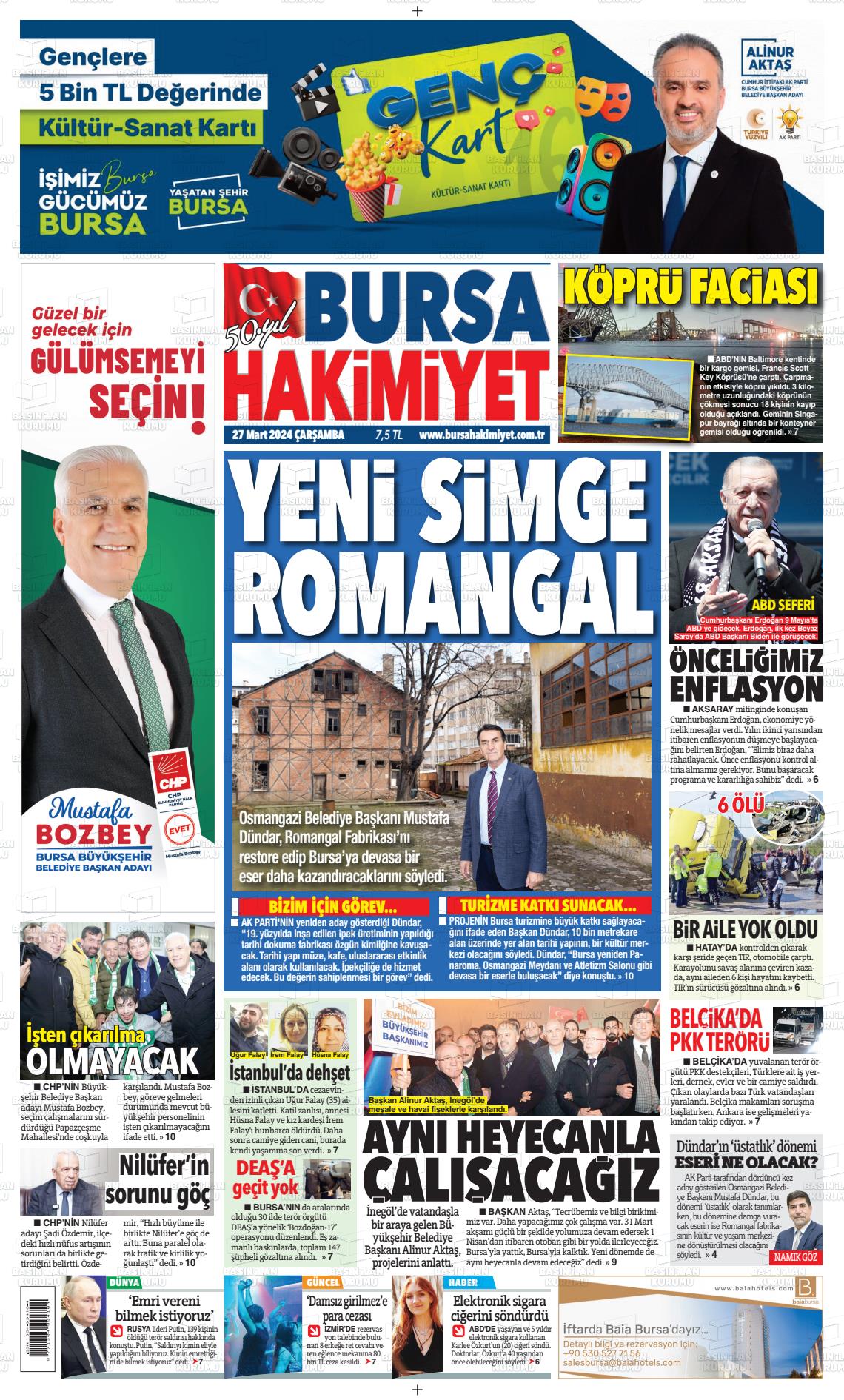 27 Mart 2024 Bursa Hakimiyet Gazete Manşeti