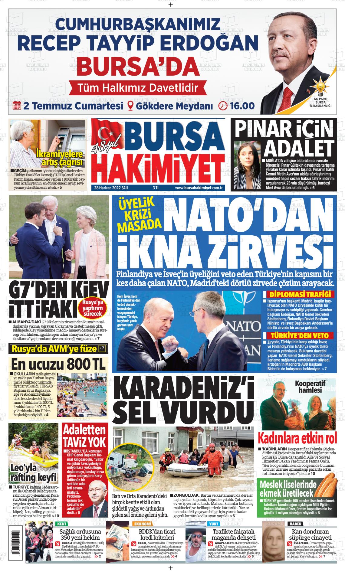 28 Haziran 2022 Bursa Hakimiyet Gazete Manşeti