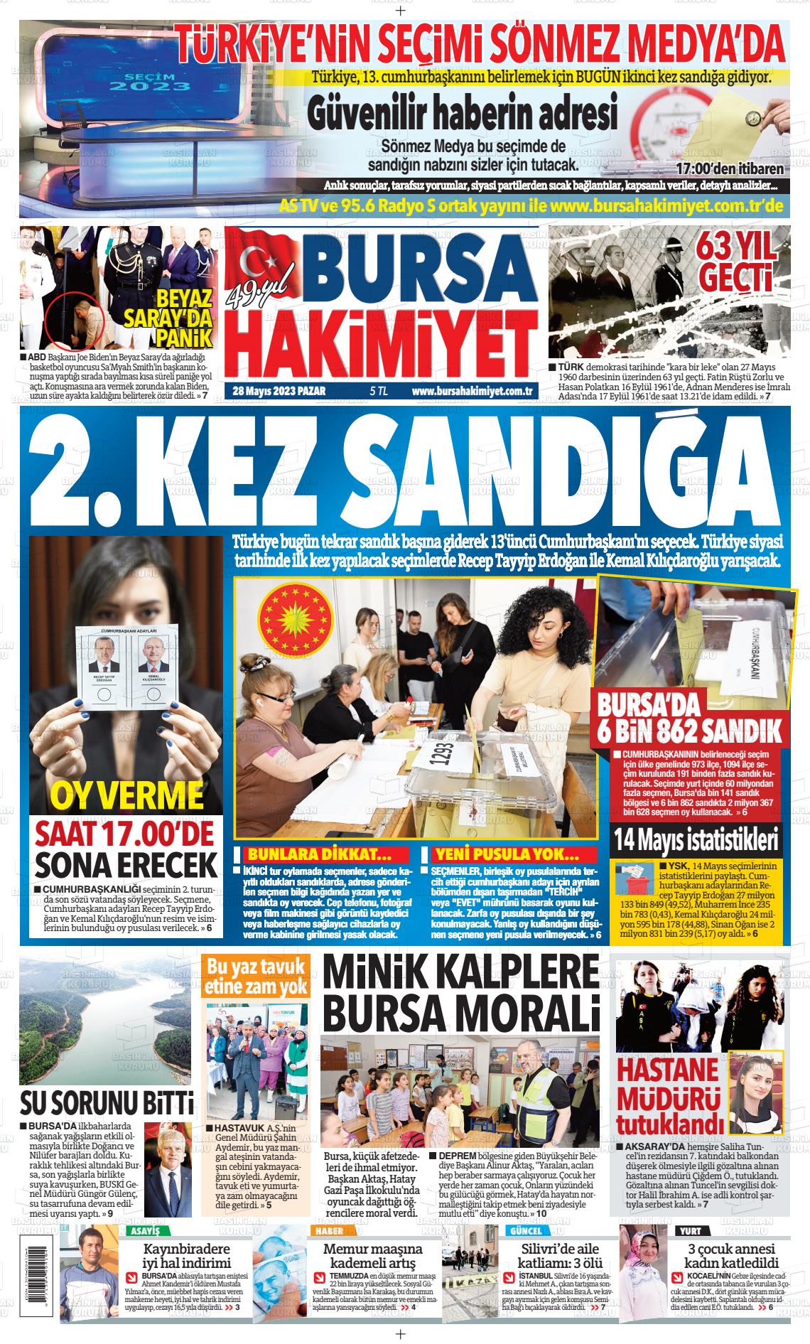 28 Mayıs 2023 Bursa Hakimiyet Gazete Manşeti