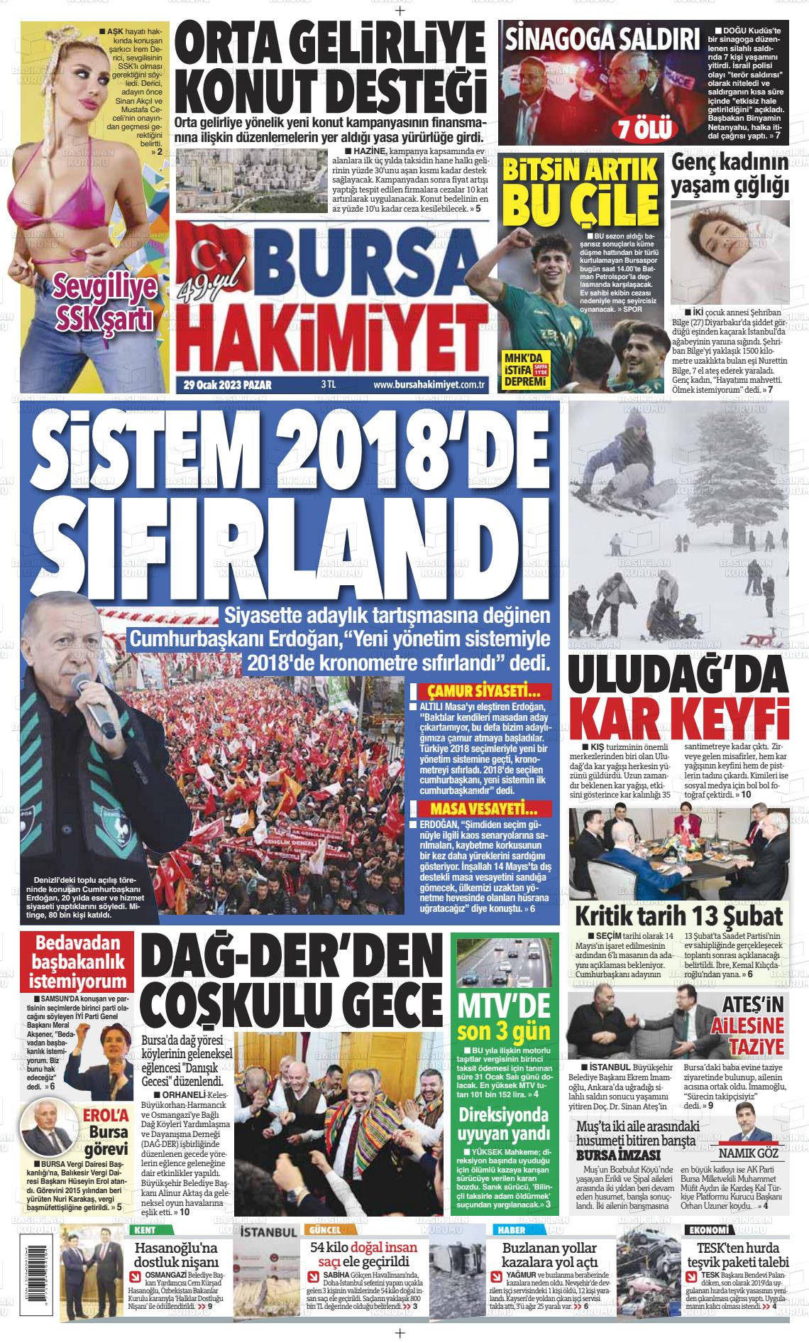 29 Ocak 2023 Bursa Hakimiyet Gazete Manşeti