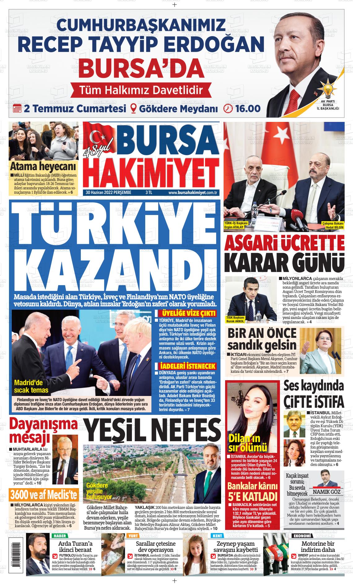 01 Temmuz 2022 Bursa Hakimiyet Gazete Manşeti