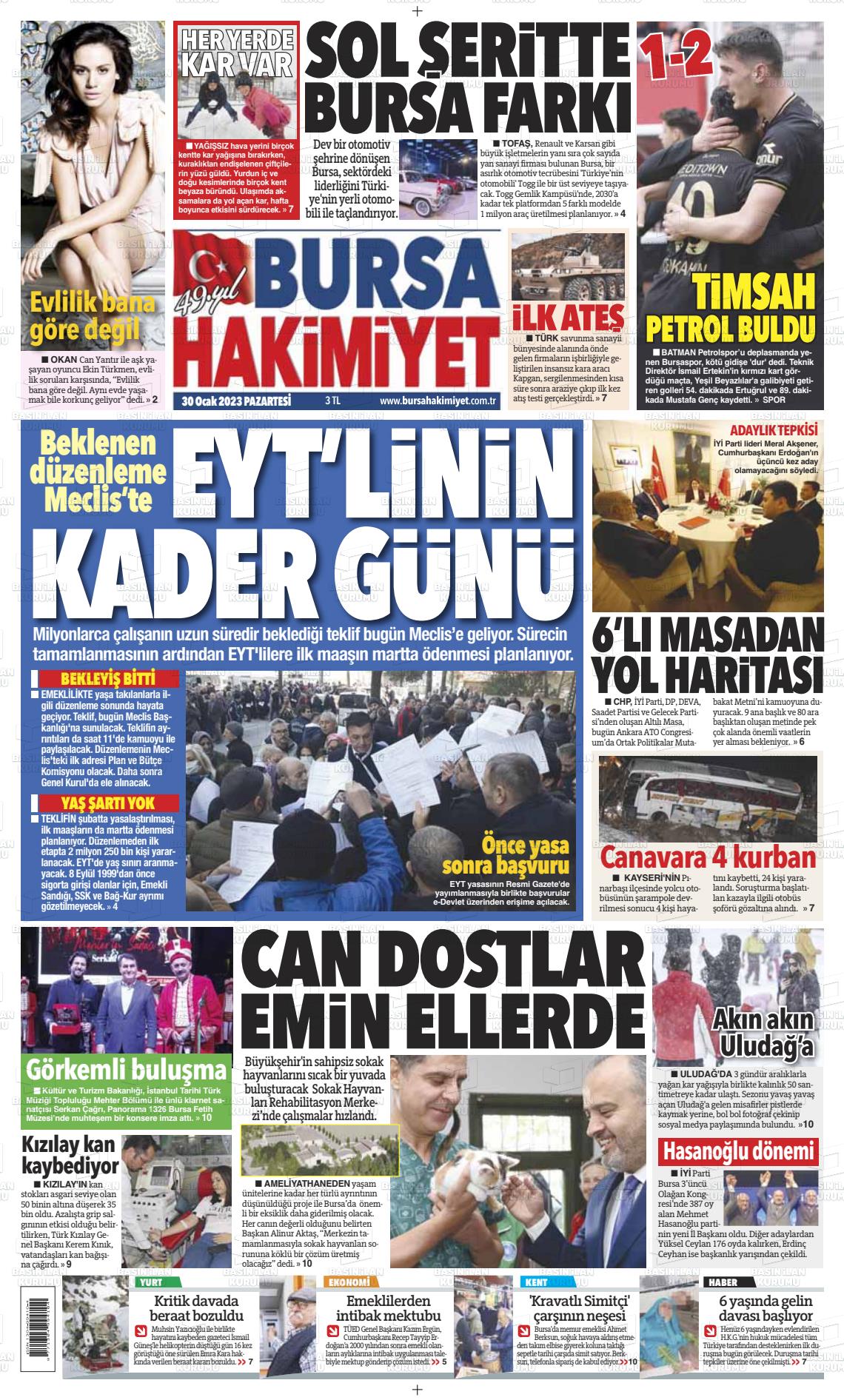 30 Ocak 2023 Bursa Hakimiyet Gazete Manşeti