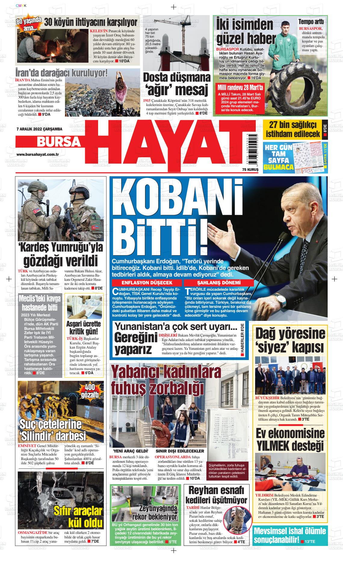 07 Aralık 2022 Bursa Hayat Gazete Manşeti