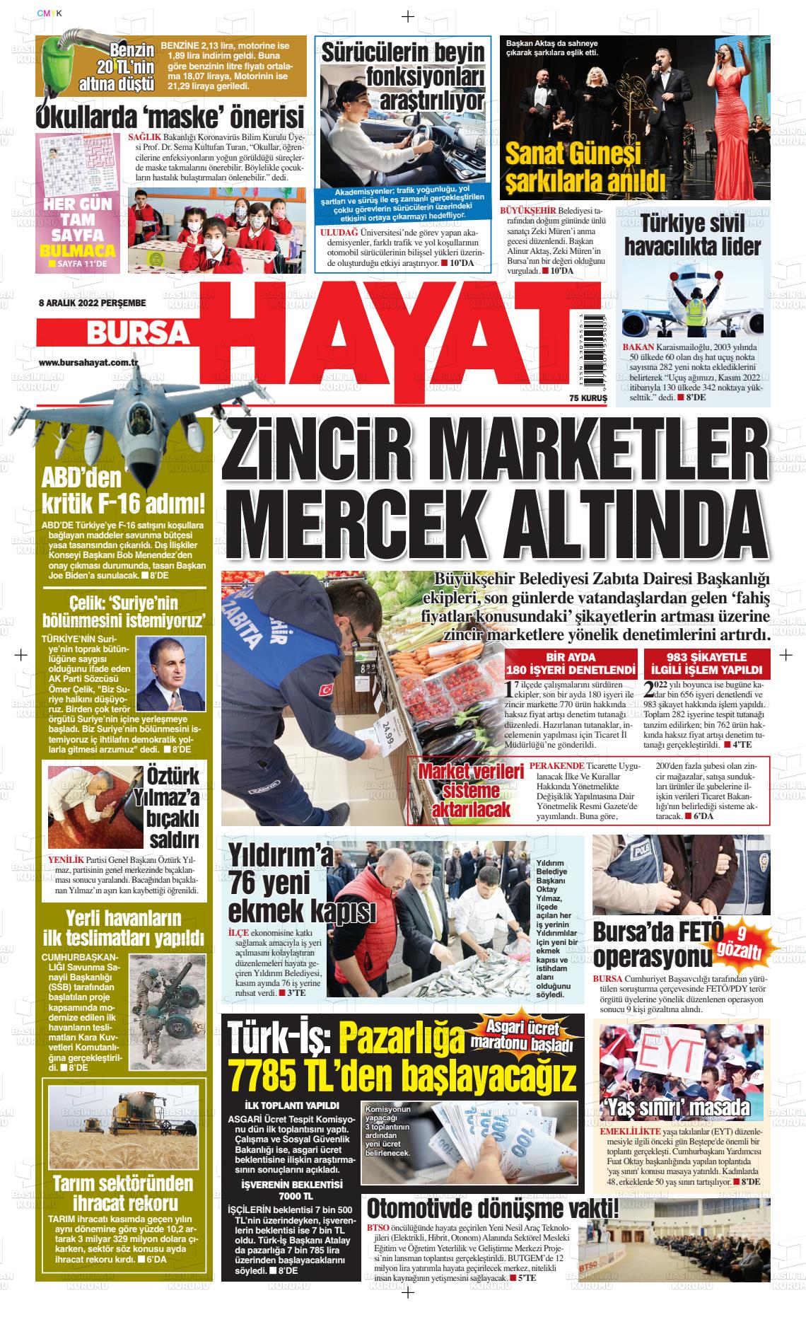 08 Aralık 2022 Bursa Hayat Gazete Manşeti