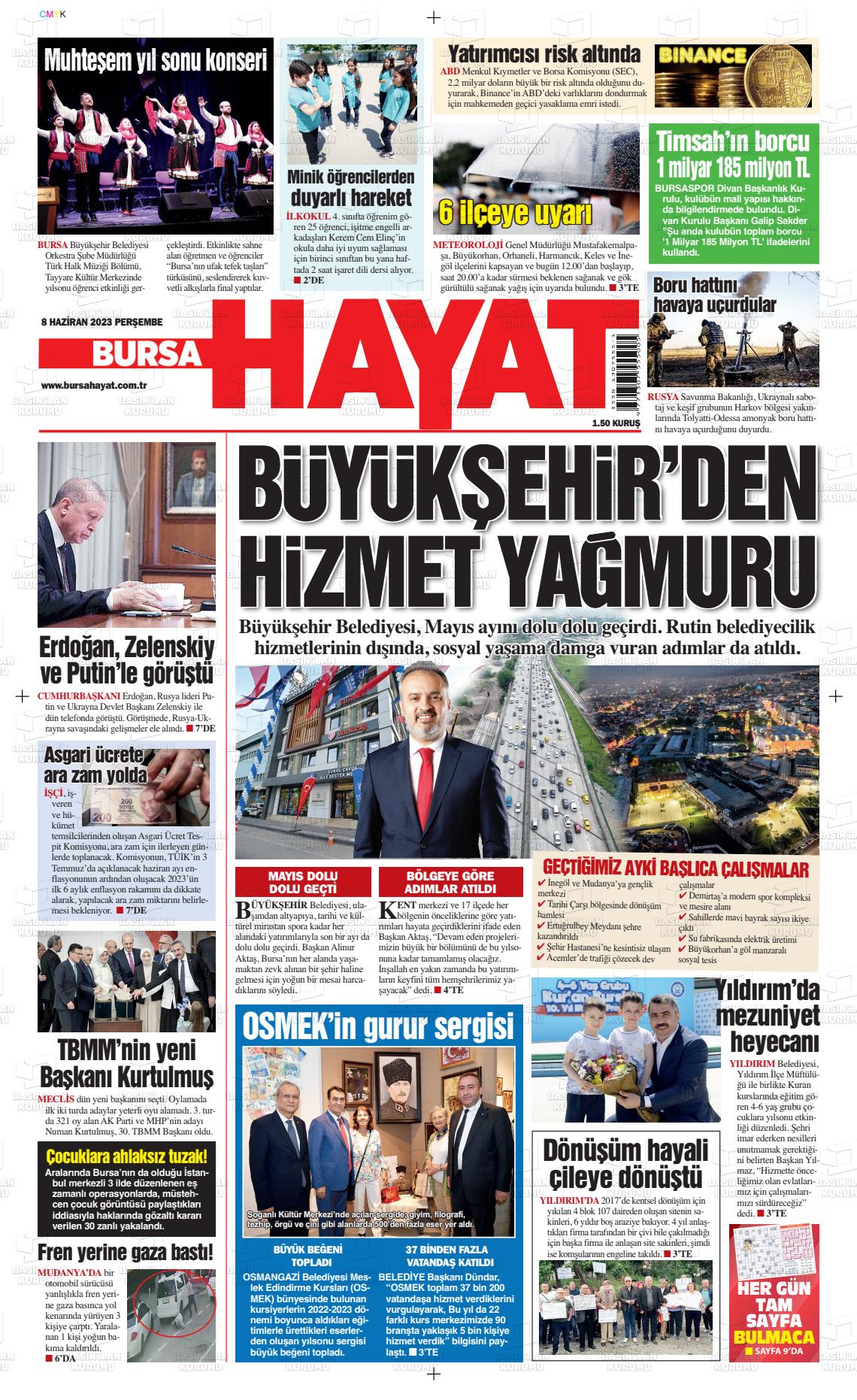 08 Haziran 2023 Bursa Hayat Gazete Manşeti
