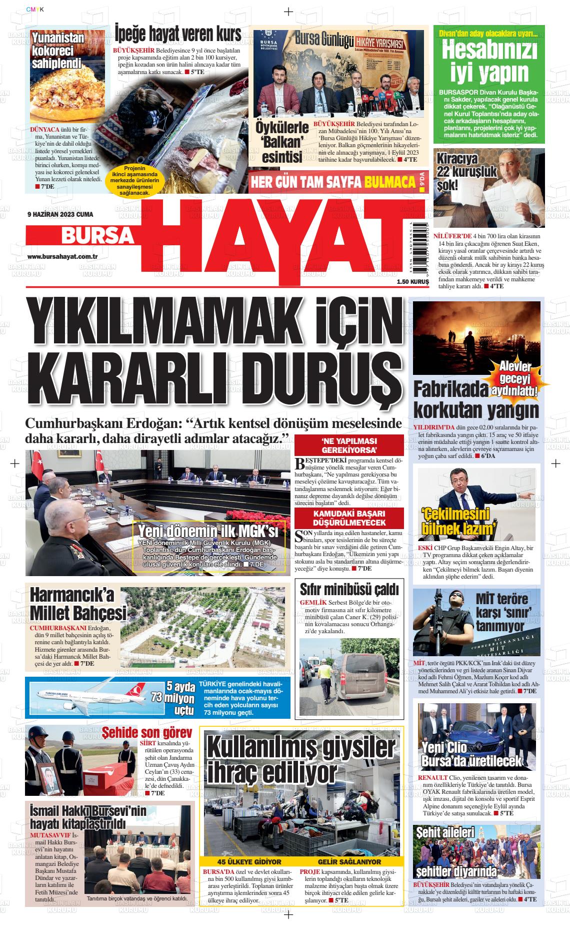 09 Haziran 2023 Bursa Hayat Gazete Manşeti