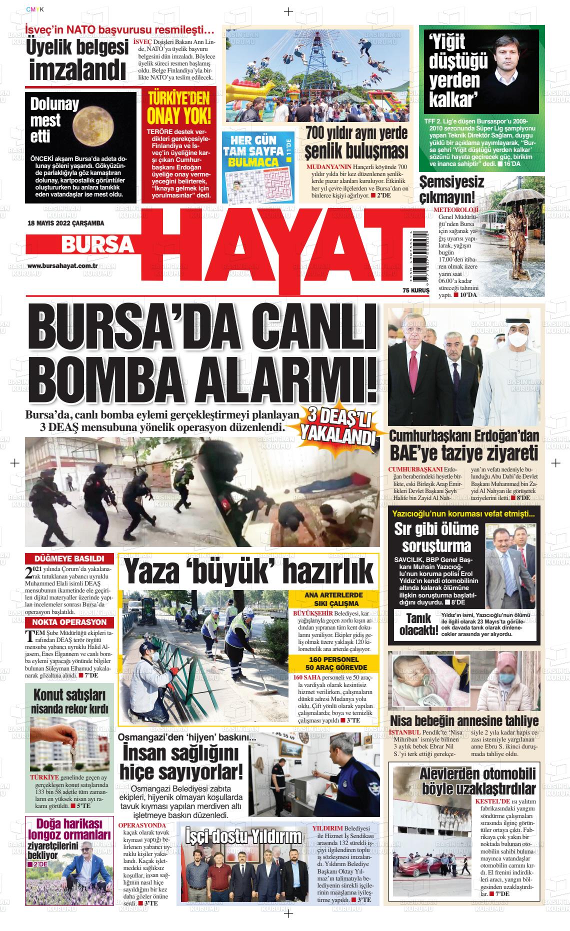 18 Mayıs 2022 Bursa Hayat Gazete Manşeti