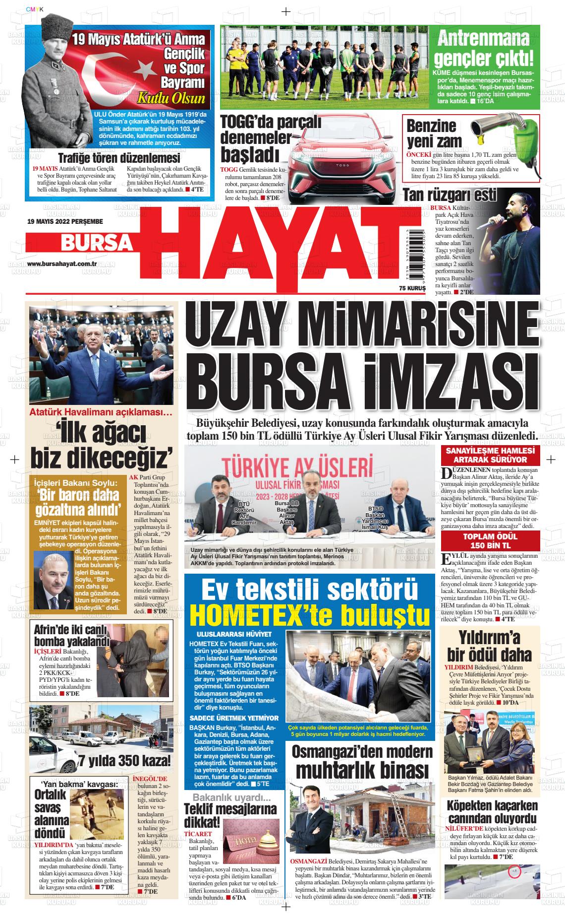 19 Mayıs 2022 Bursa Hayat Gazete Manşeti